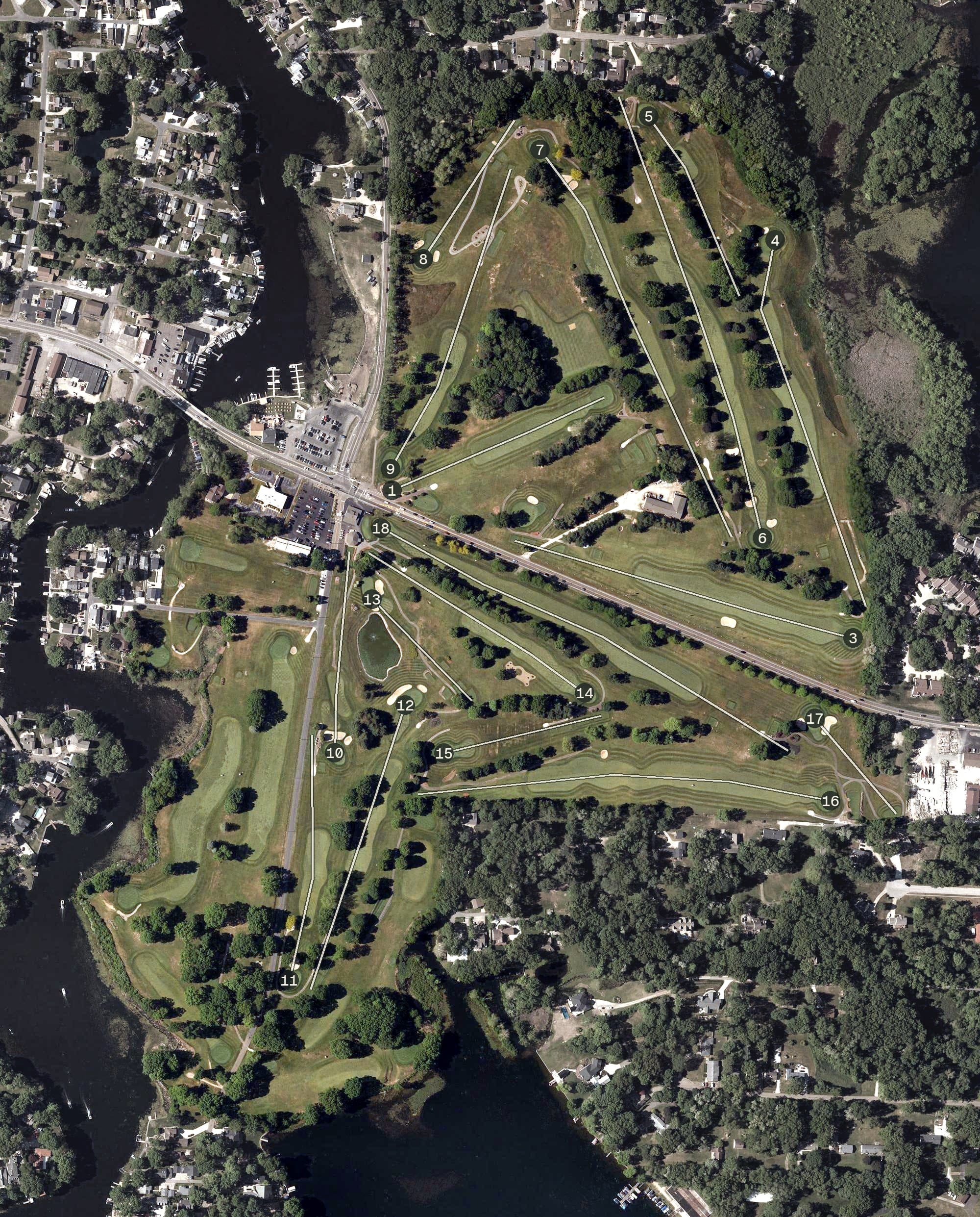 Aerial view of Turkeyfoot Lake Golf Links, OH, with its hole routing marked