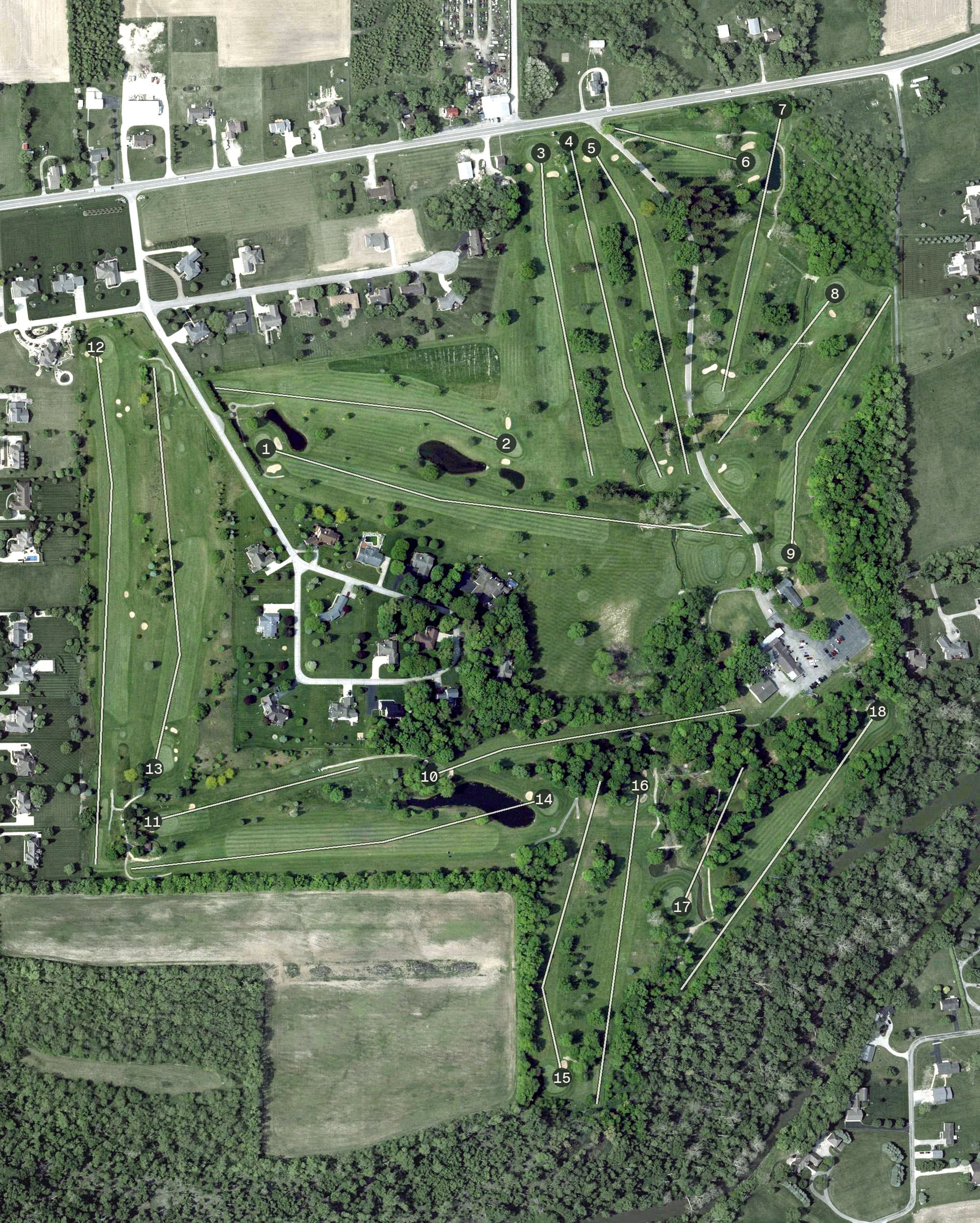 Aerial view of Turtle Creek Golf Course, OH, with its hole routing marked