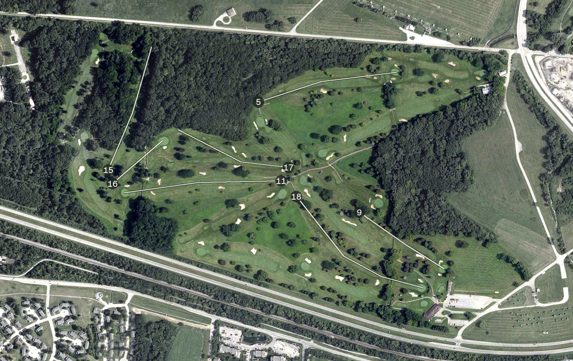 Aerial view of Twin Base Golf Course, OH, with its hole routing marked