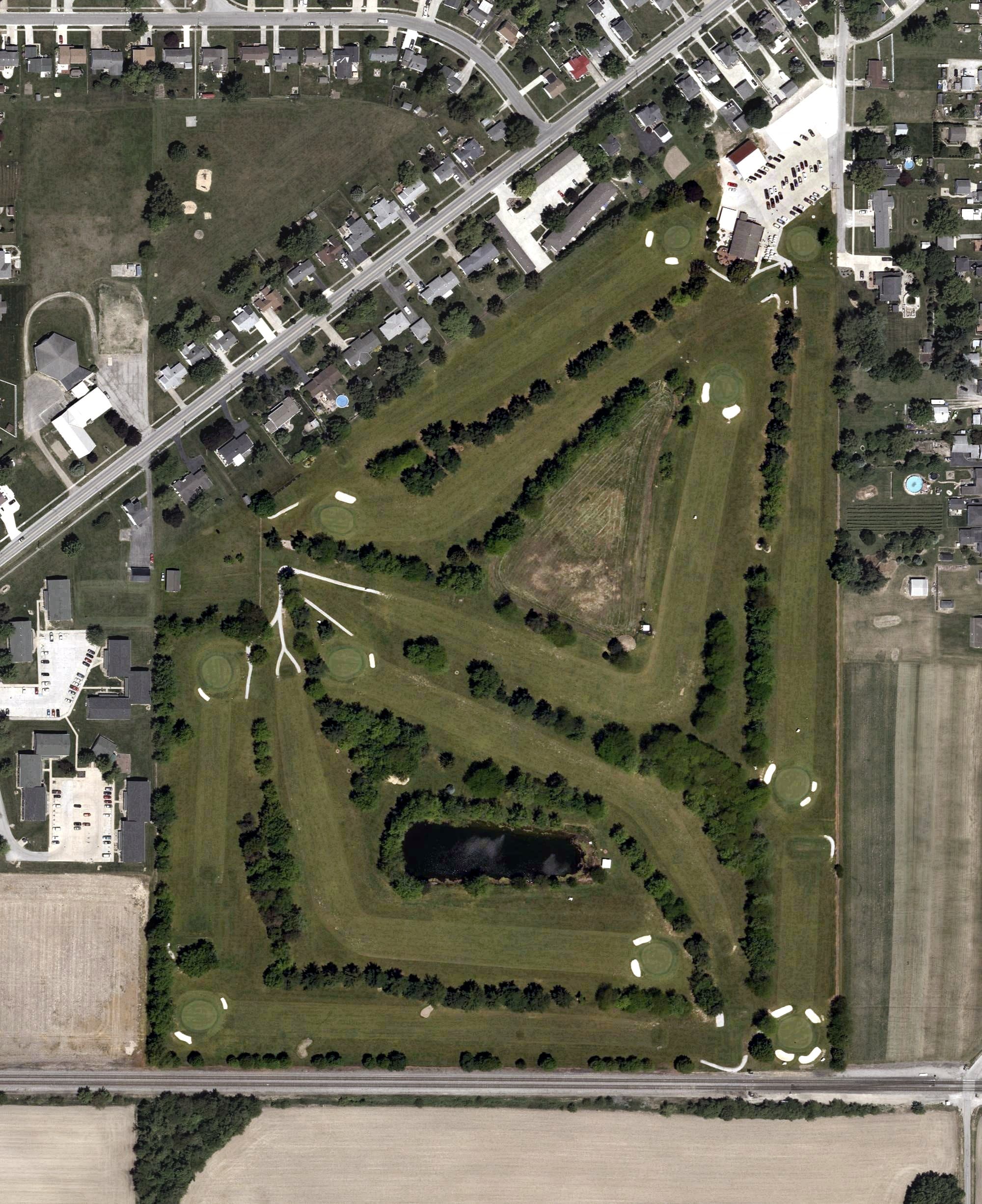 Aerial view of Twin Lakes Golf Course, OH, with its hole routing marked