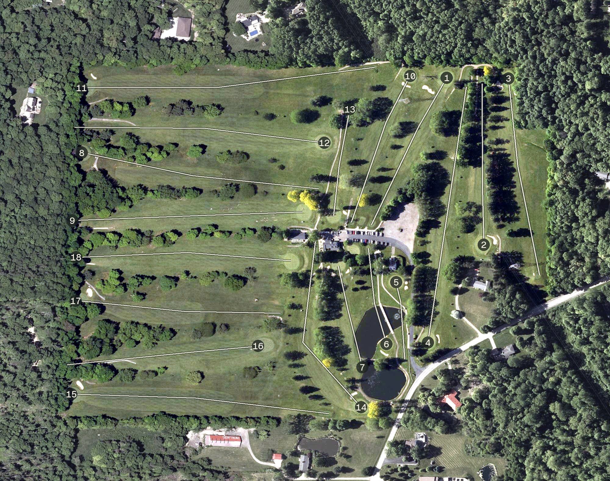 Aerial view of Twin Lakes Golf Course, OH, with its hole routing marked