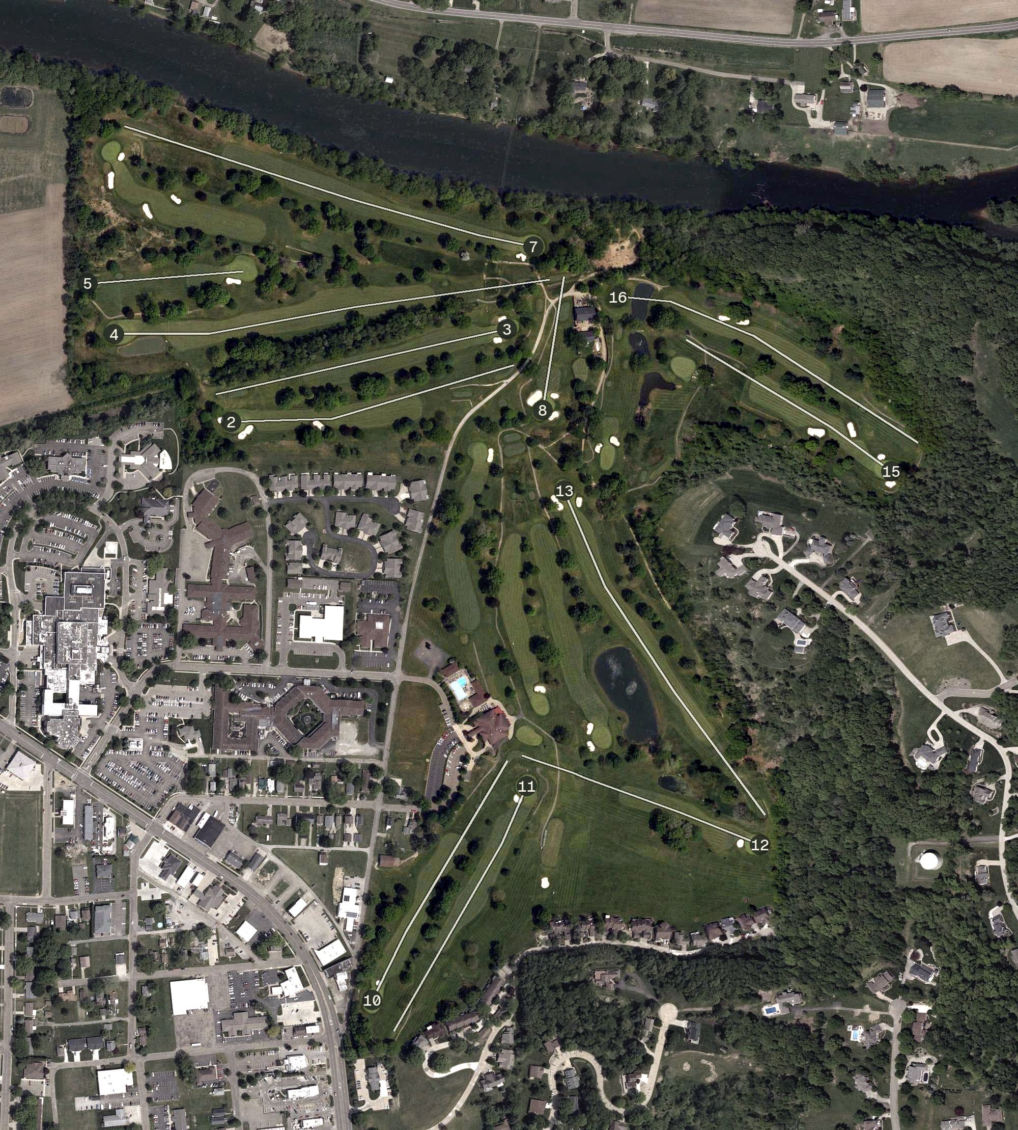 Aerial view of Union Country Club, OH, with its hole routing marked