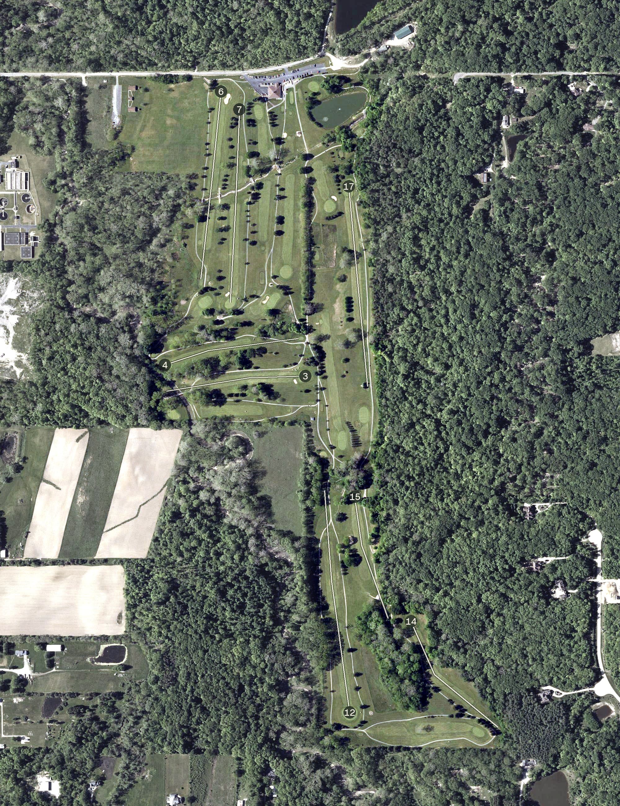 Aerial view of Valleaire Golf Club, OH, with its hole routing marked
