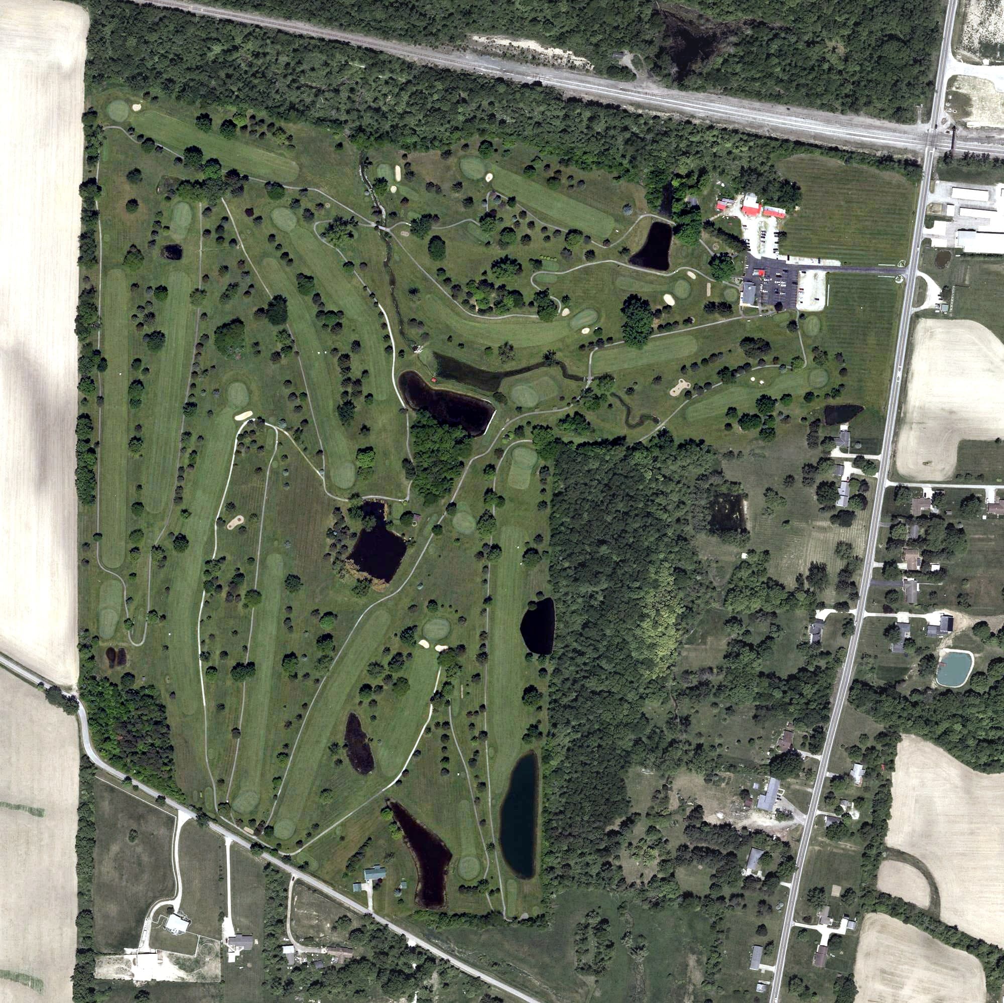 Aerial view of Valley View Golf Course, OH, with its hole routing marked