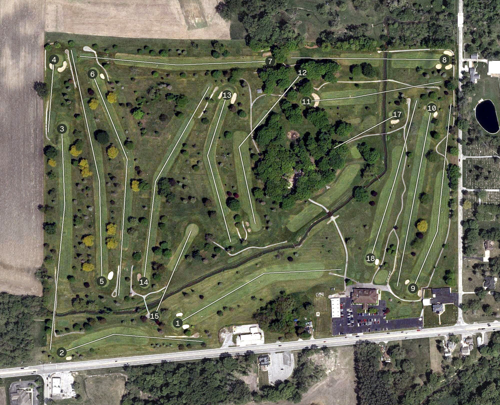 Aerial view of Valleywood Golf Club, OH, with its hole routing marked