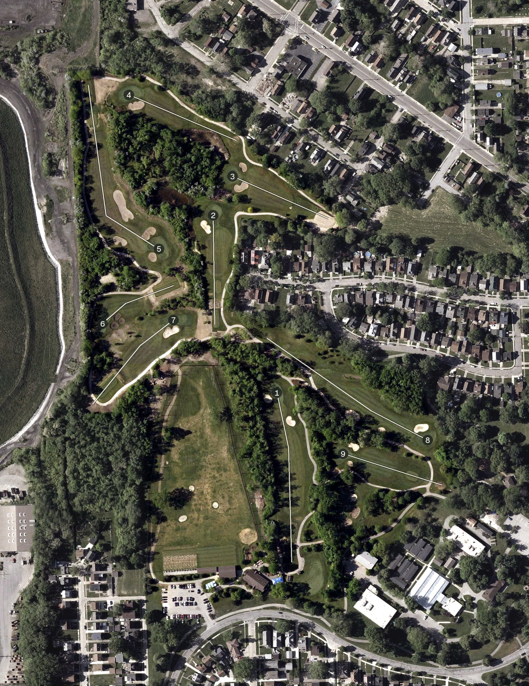Aerial view of Washington Golf Learning Center, OH, with its hole routing marked