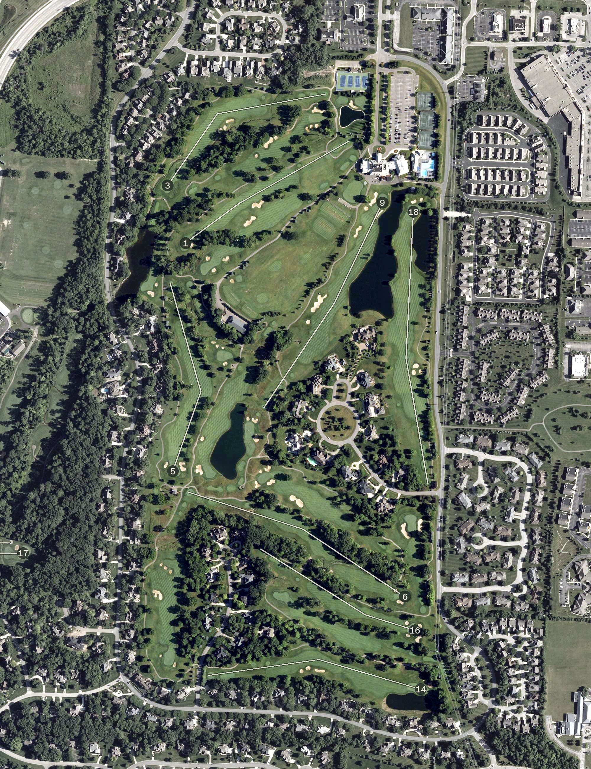 Aerial view of Wedgewood Golf & Country Club, OH, with its hole routing marked