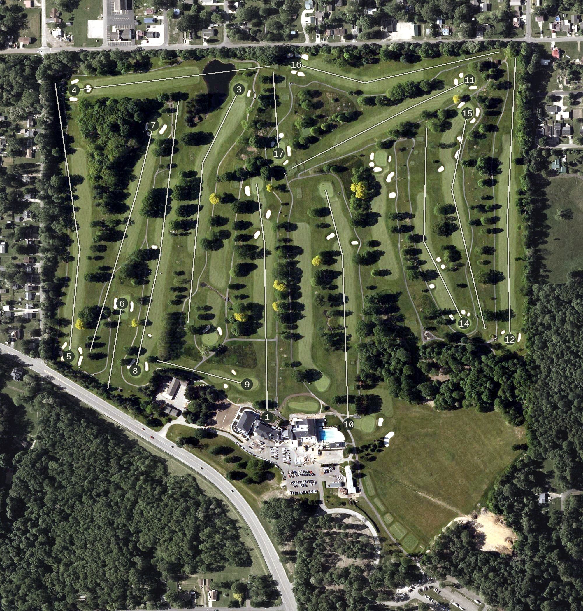 Aerial view of Westbrook Country Club, OH, with its hole routing marked