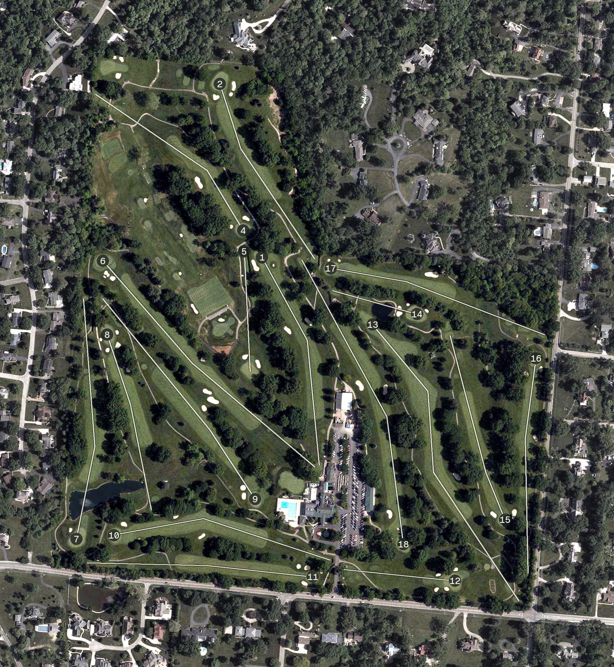 Aerial view of Western Hills Country Club, OH, with its hole routing marked