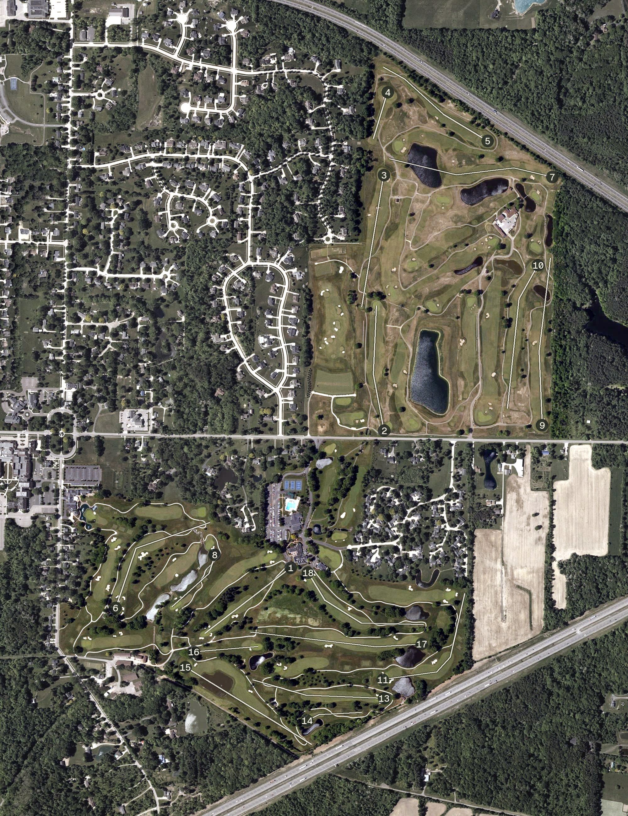 Aerial view of Westfield Country Club, OH, with its hole routing marked