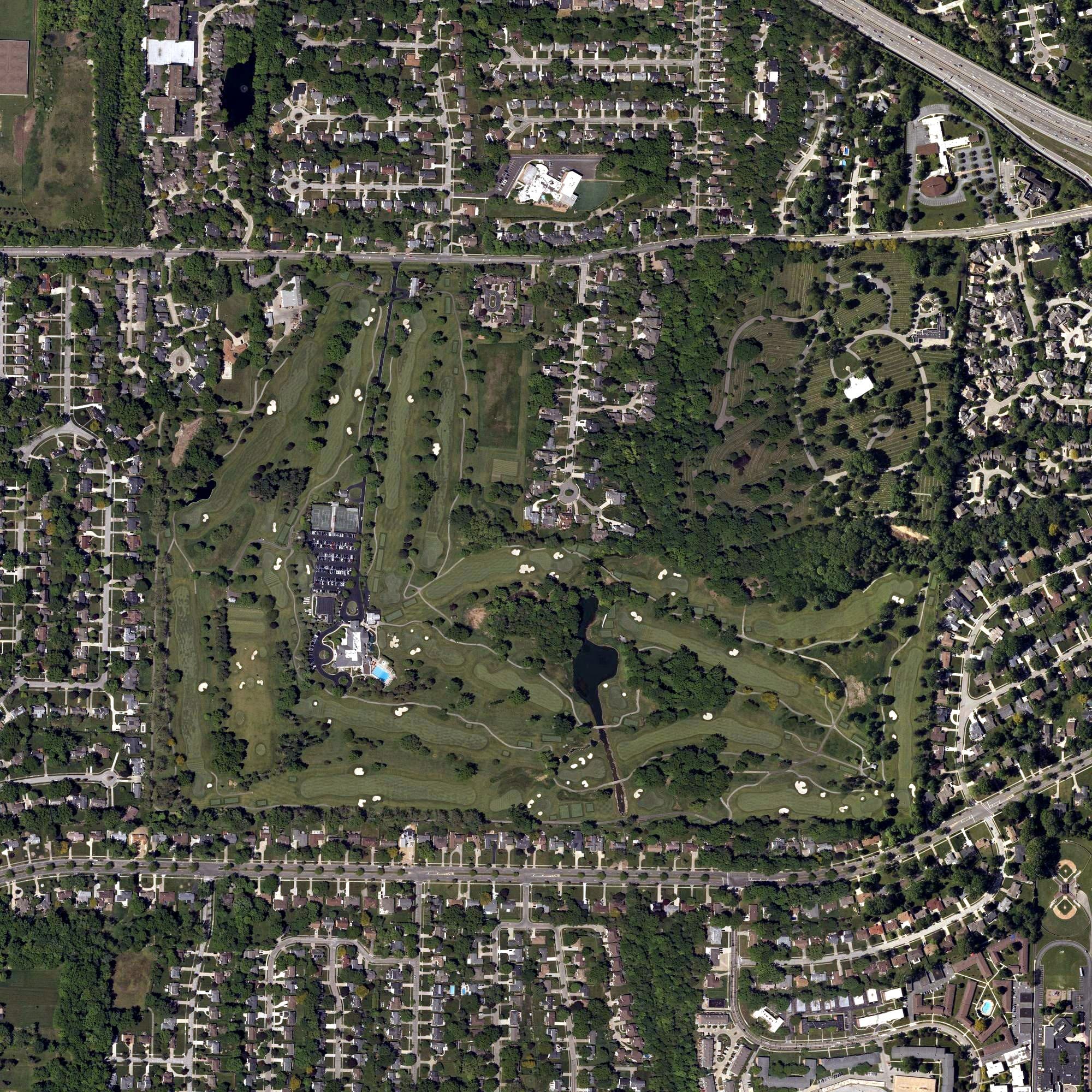 Aerial view of Westwood Country Club, OH, with its hole routing marked