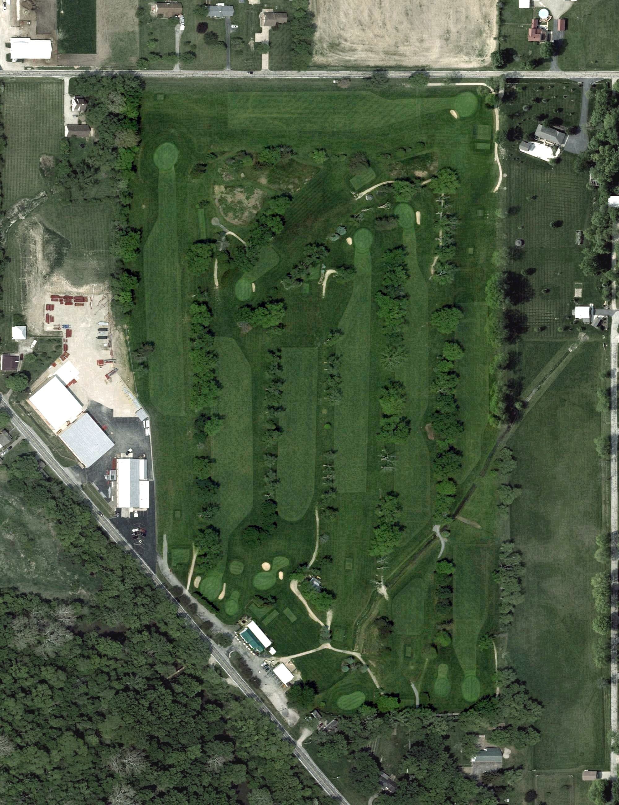 Aerial view of White Springs Golf Course, OH, with its hole routing marked