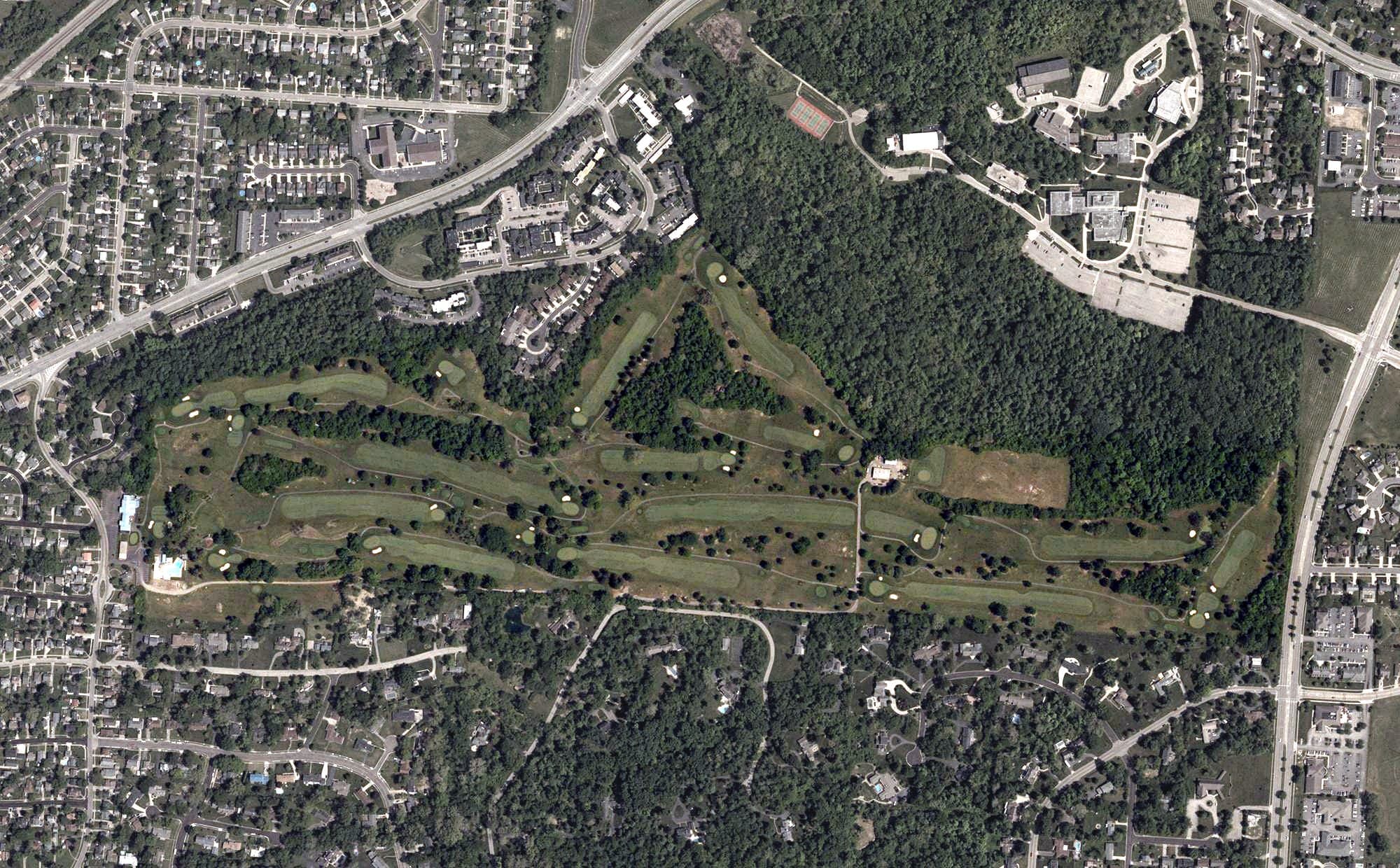 Aerial view of Wildwood Golf Club, OH, with its hole routing marked