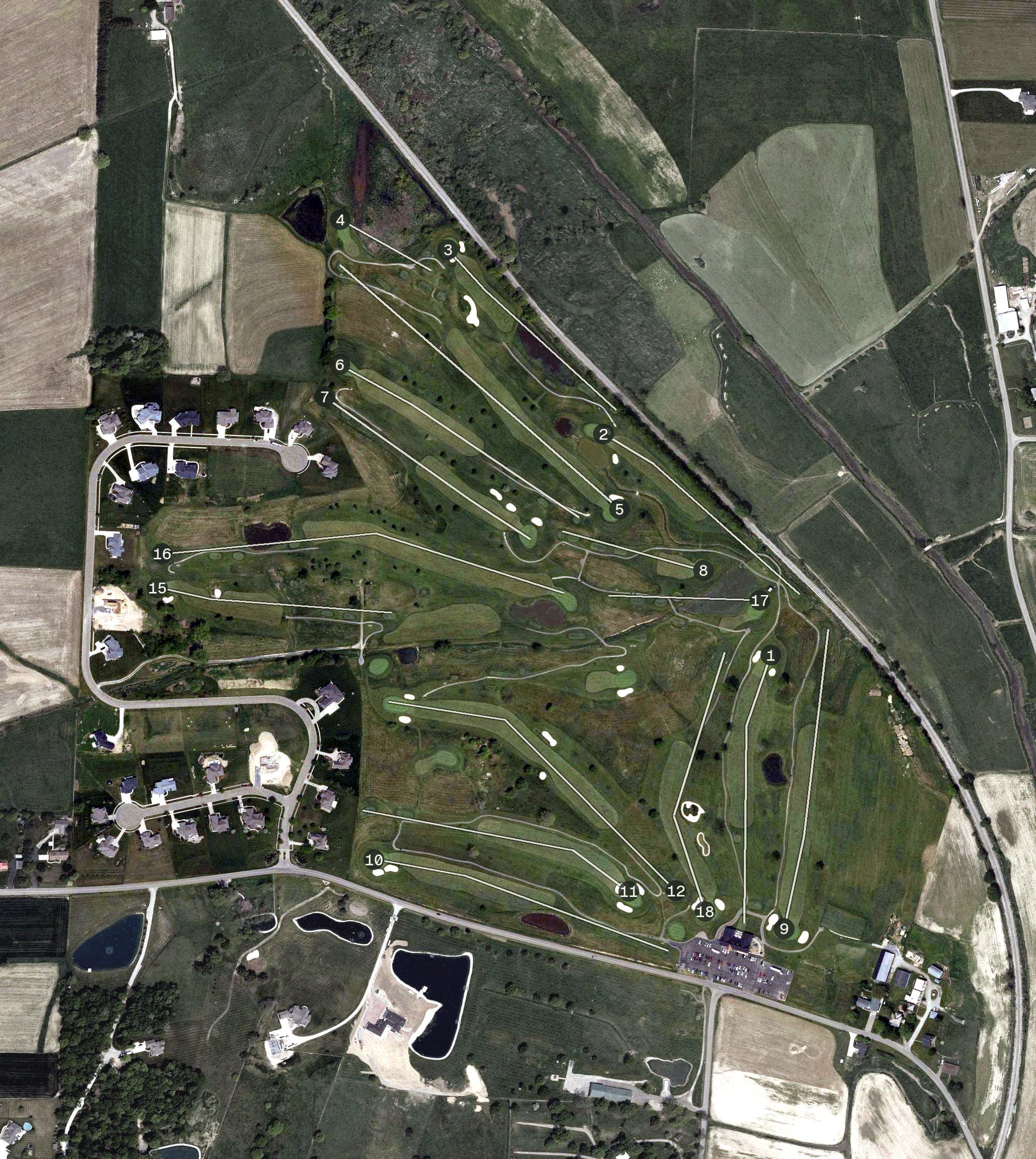Aerial view of Willandale Golf Club, OH, with its hole routing marked