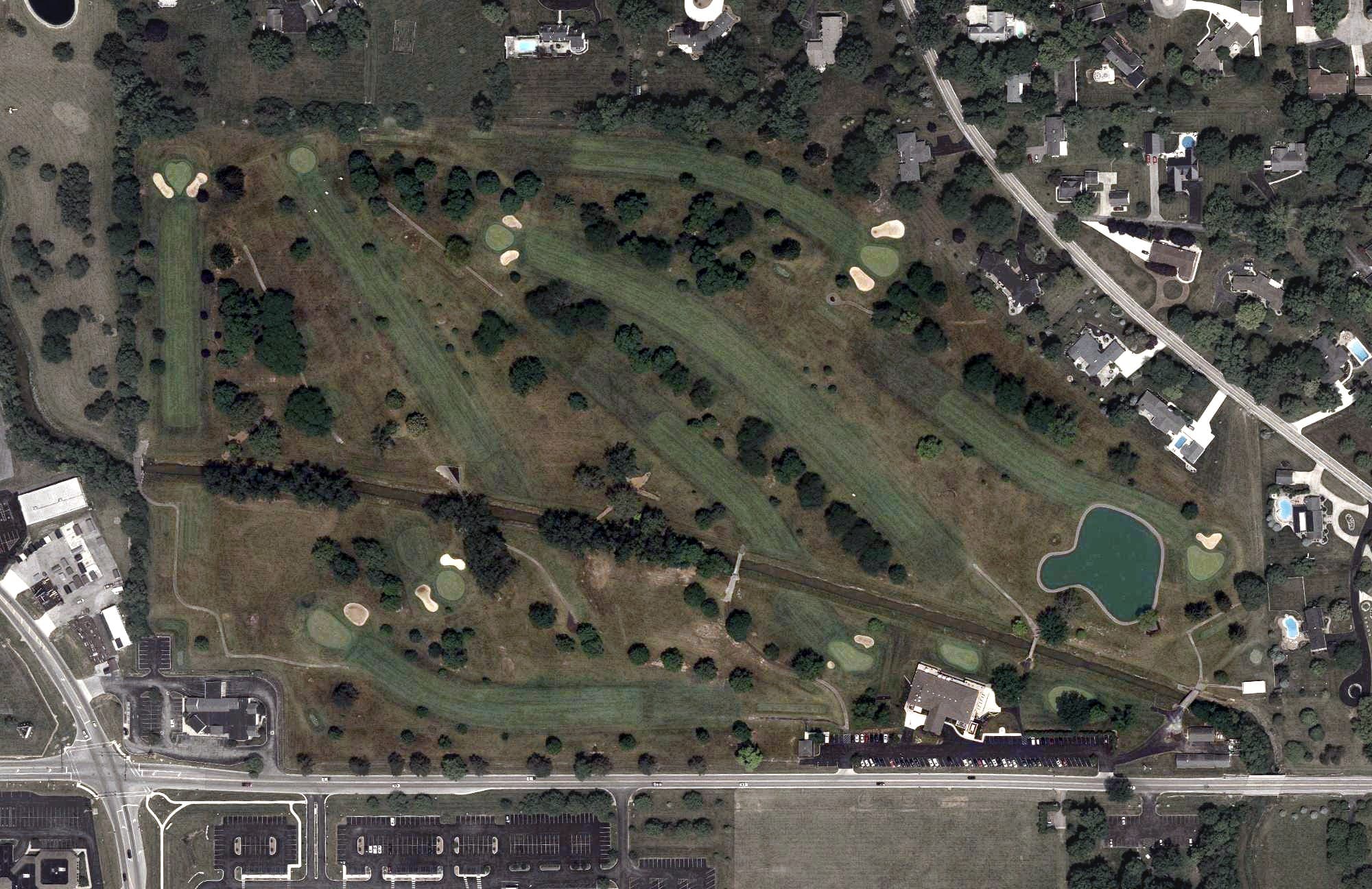 Aerial view of Willow Bend Country Club, OH, with its hole routing marked