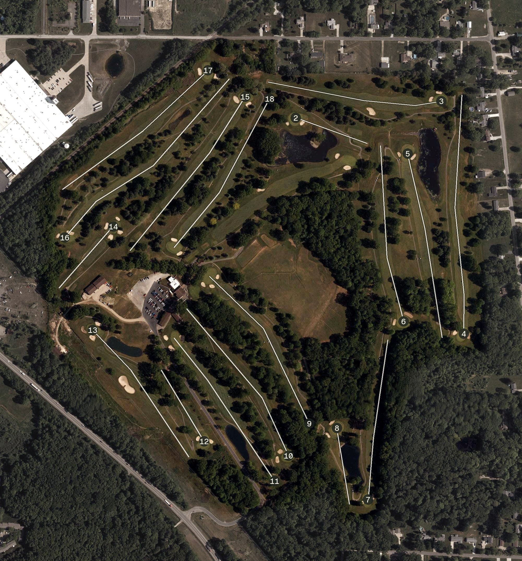 Aerial view of Windmill Lakes Golf Club, OH, with its hole routing marked