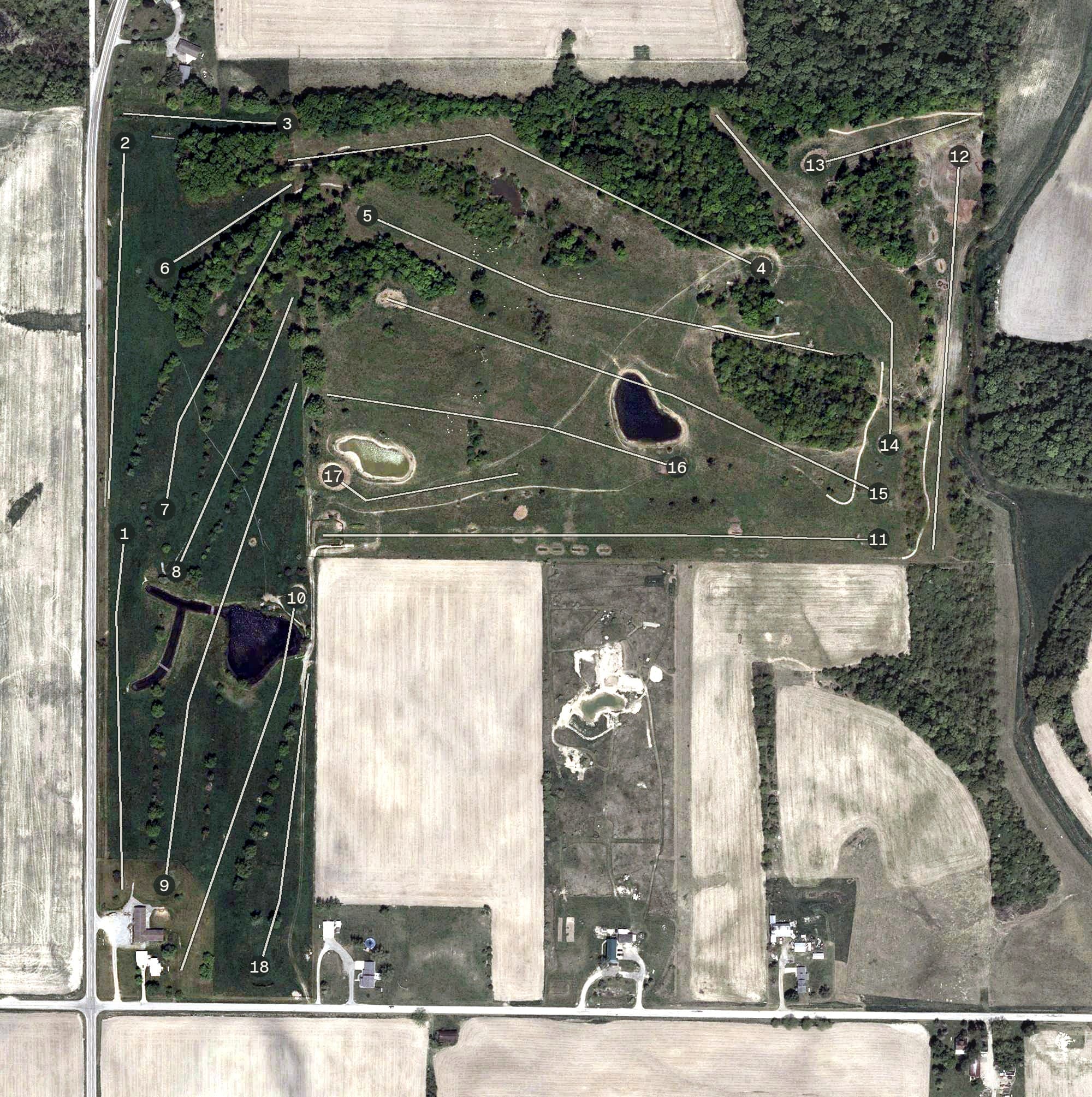 Aerial view of Windwood Hollow Golf Course, OH, with its hole routing marked