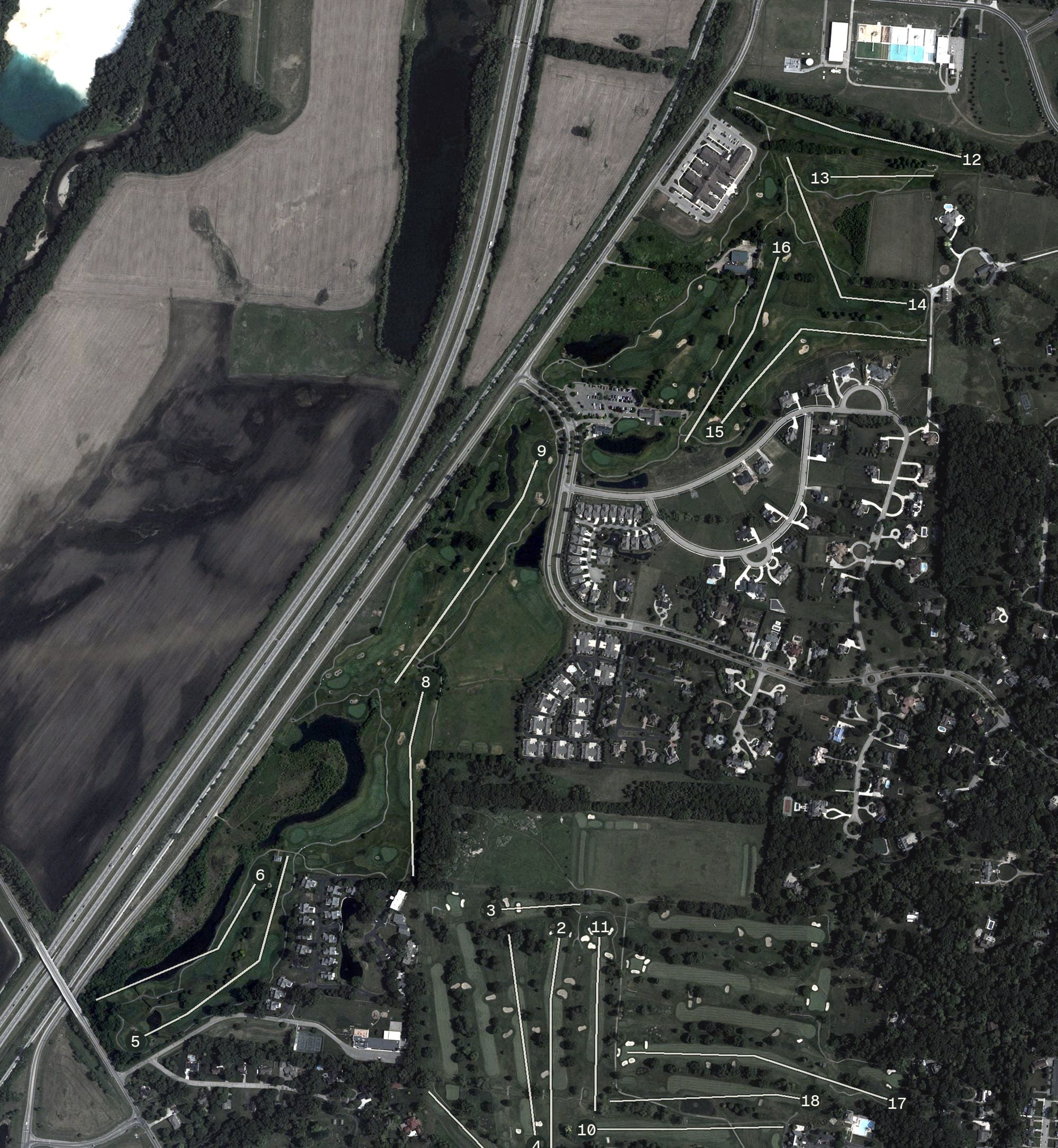 Aerial view of Windy Knoll Golf Club, OH, with its hole routing marked