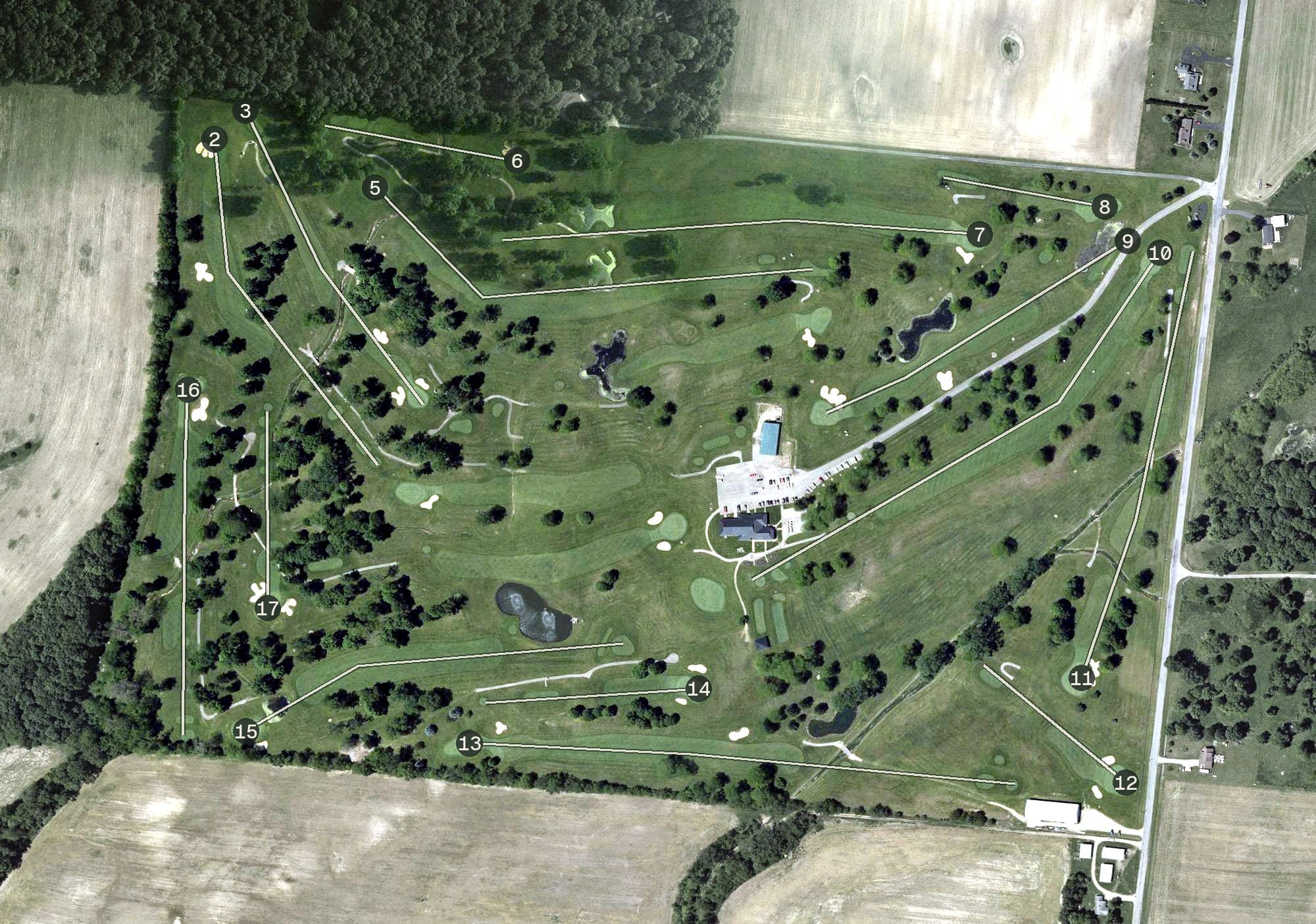 Aerial view of Woodland Golf Course, OH, with its hole routing marked