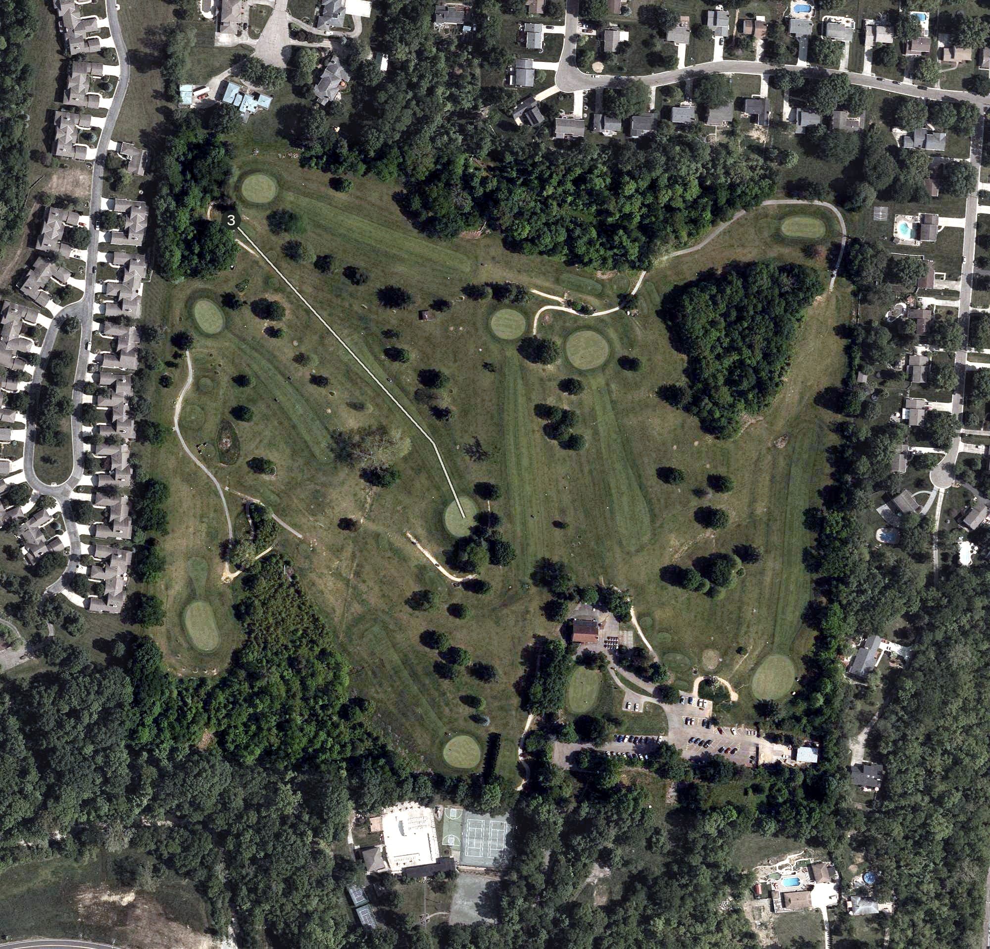 Aerial view of Woodland Golf Course, OH, with its hole routing marked