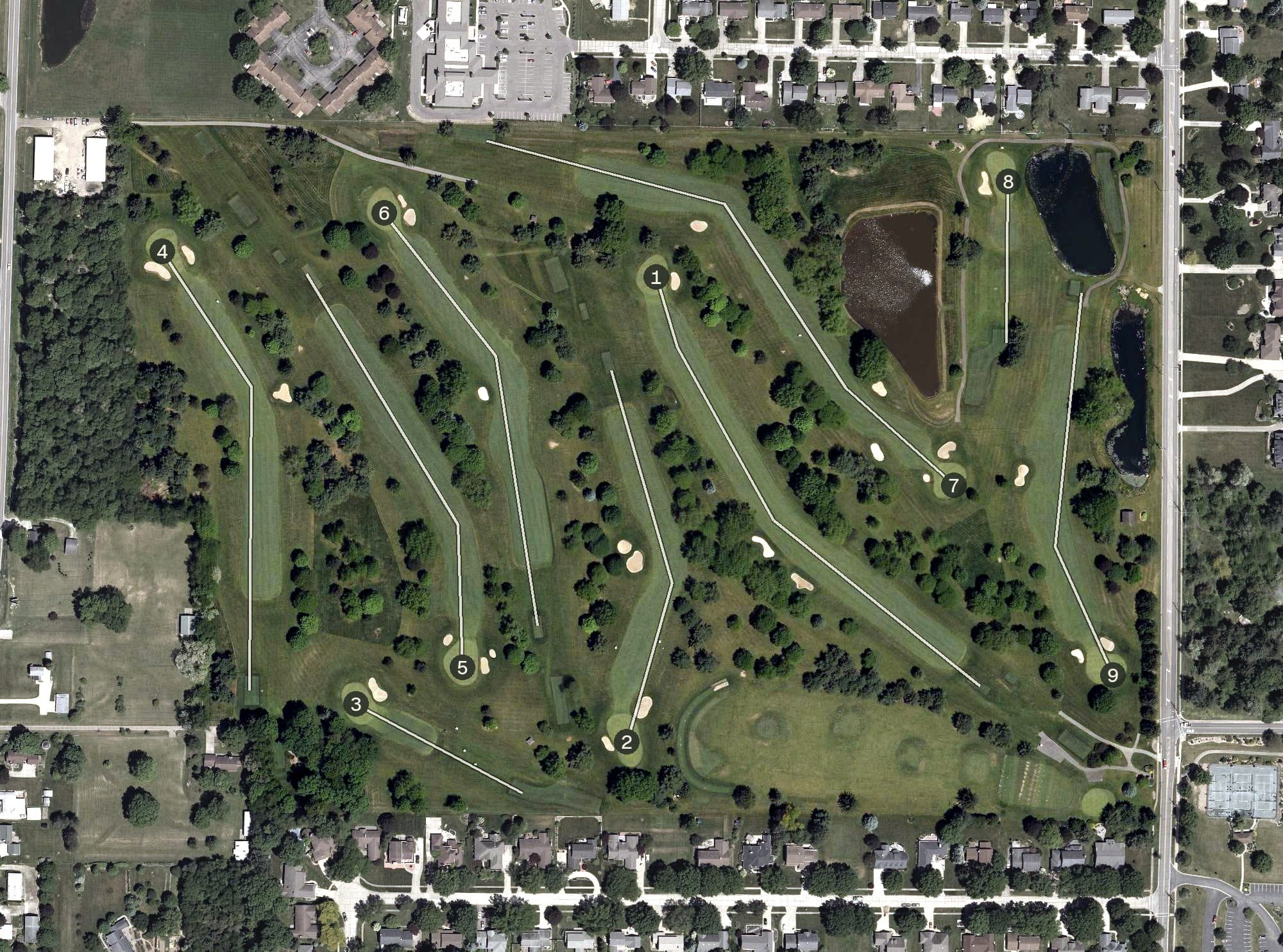 Aerial view of Wooster Country Club, OH, with its hole routing marked