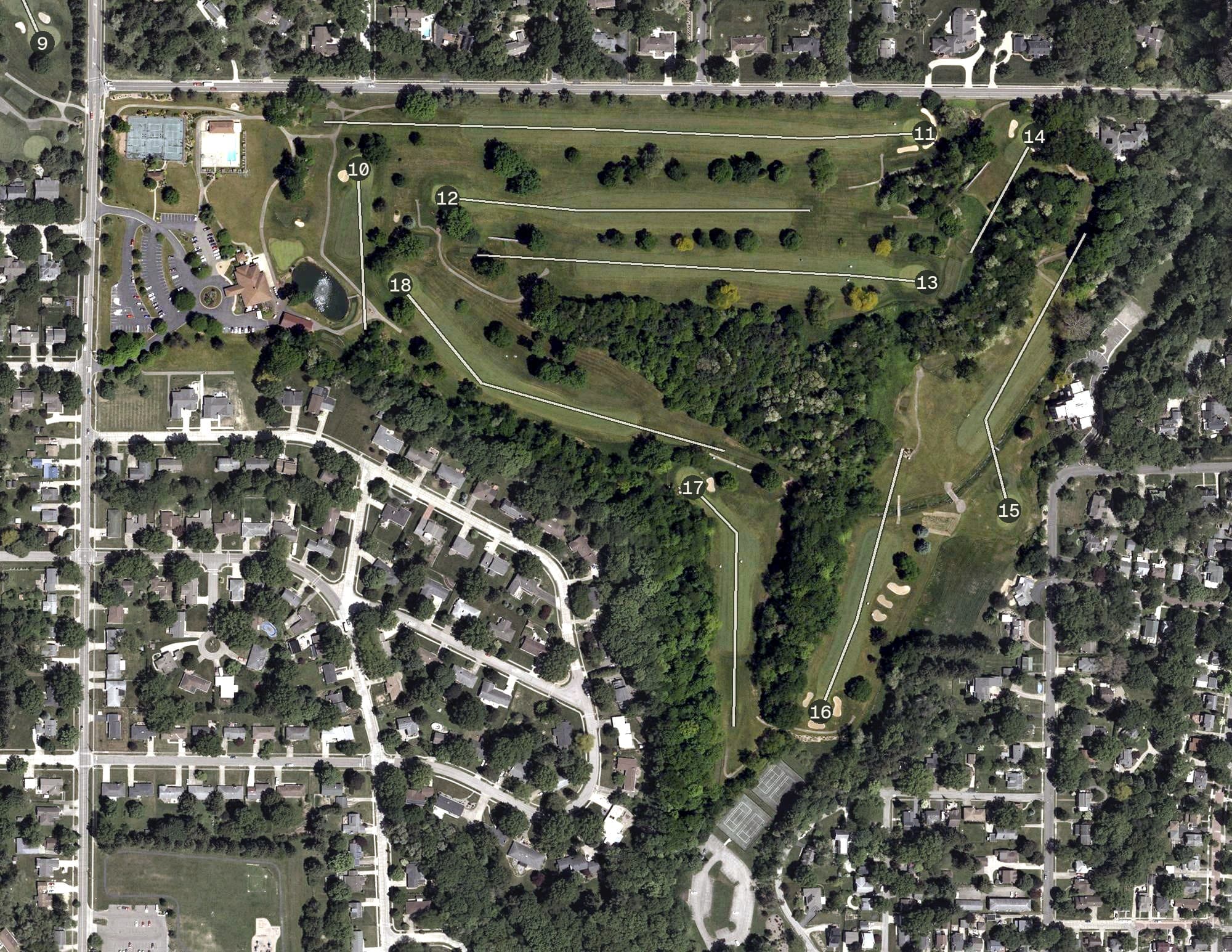 Aerial view of Wooster Country Club, OH, with its hole routing marked