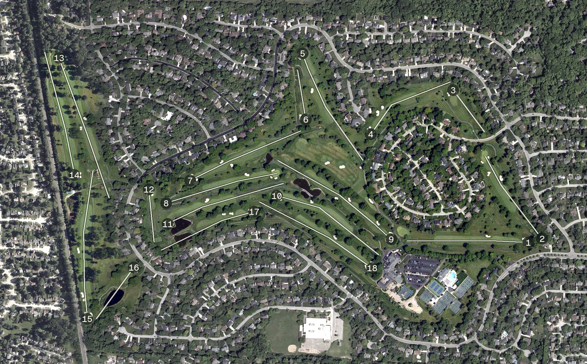 Aerial view of Worthington Hills Country Club, OH, with its hole routing marked