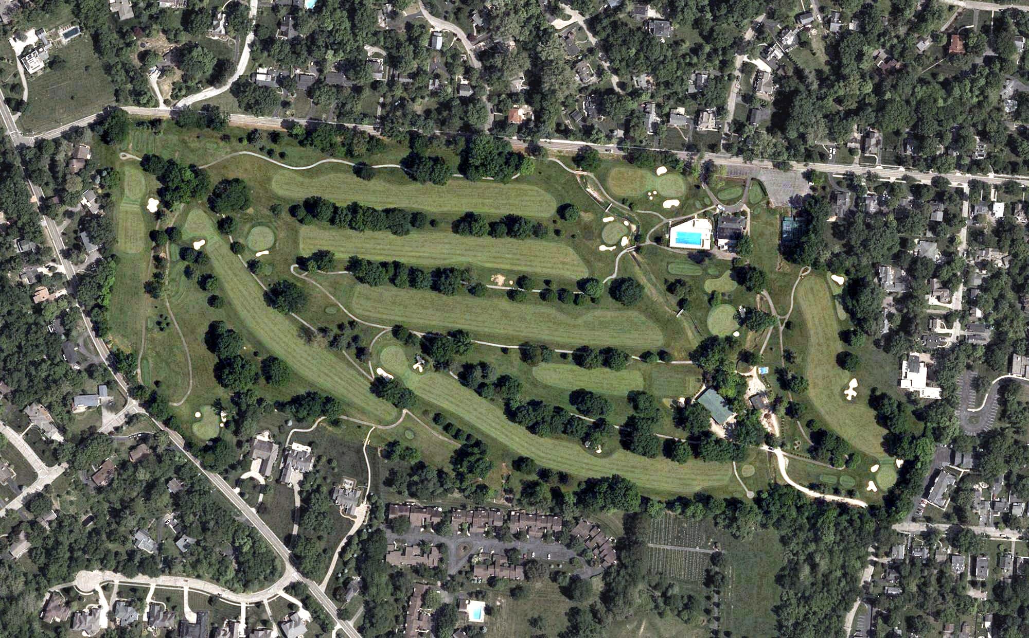 Aerial view of Wyoming Golf Club, OH, with its hole routing marked