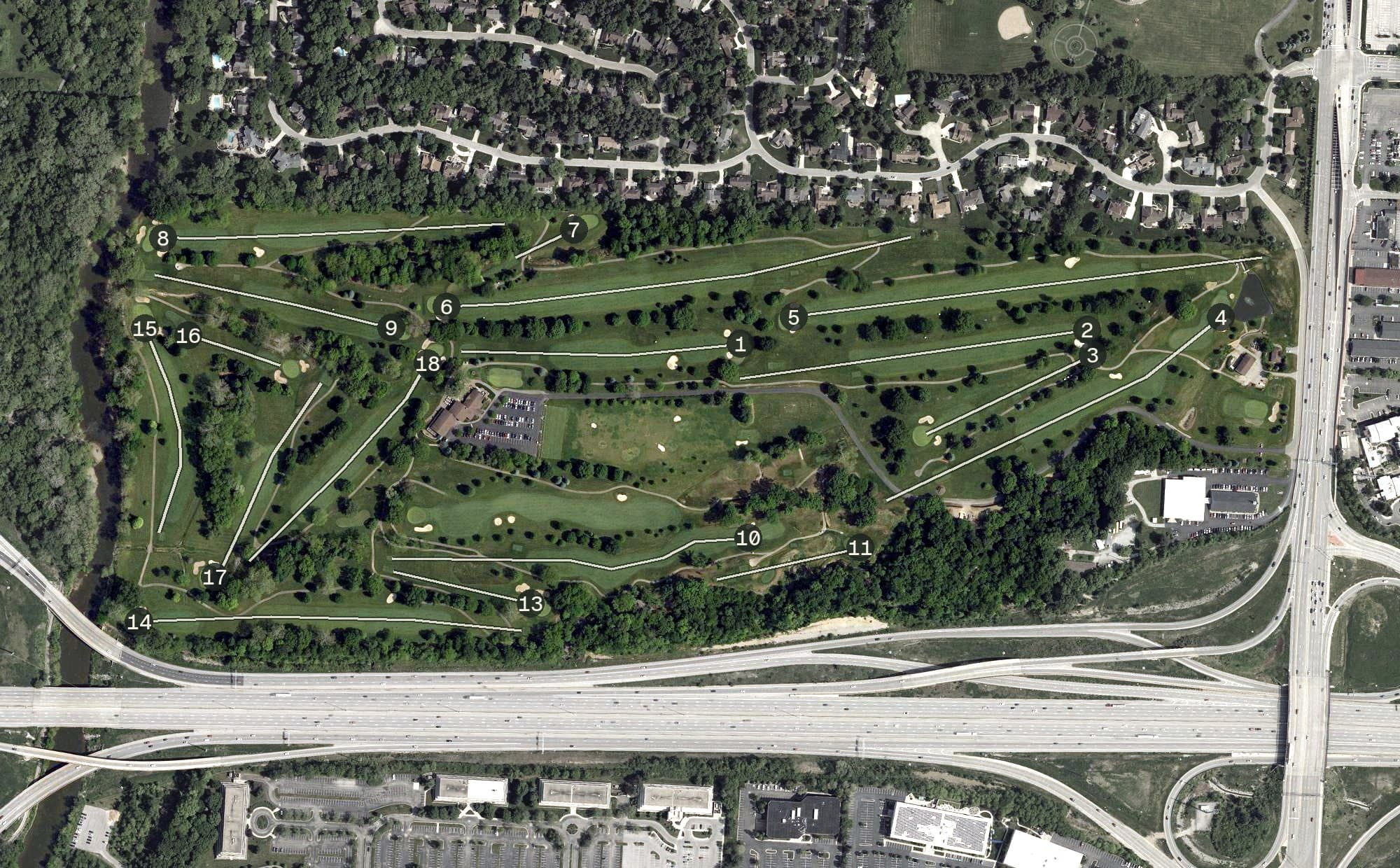 Aerial view of York Golf Club, OH, with its hole routing marked