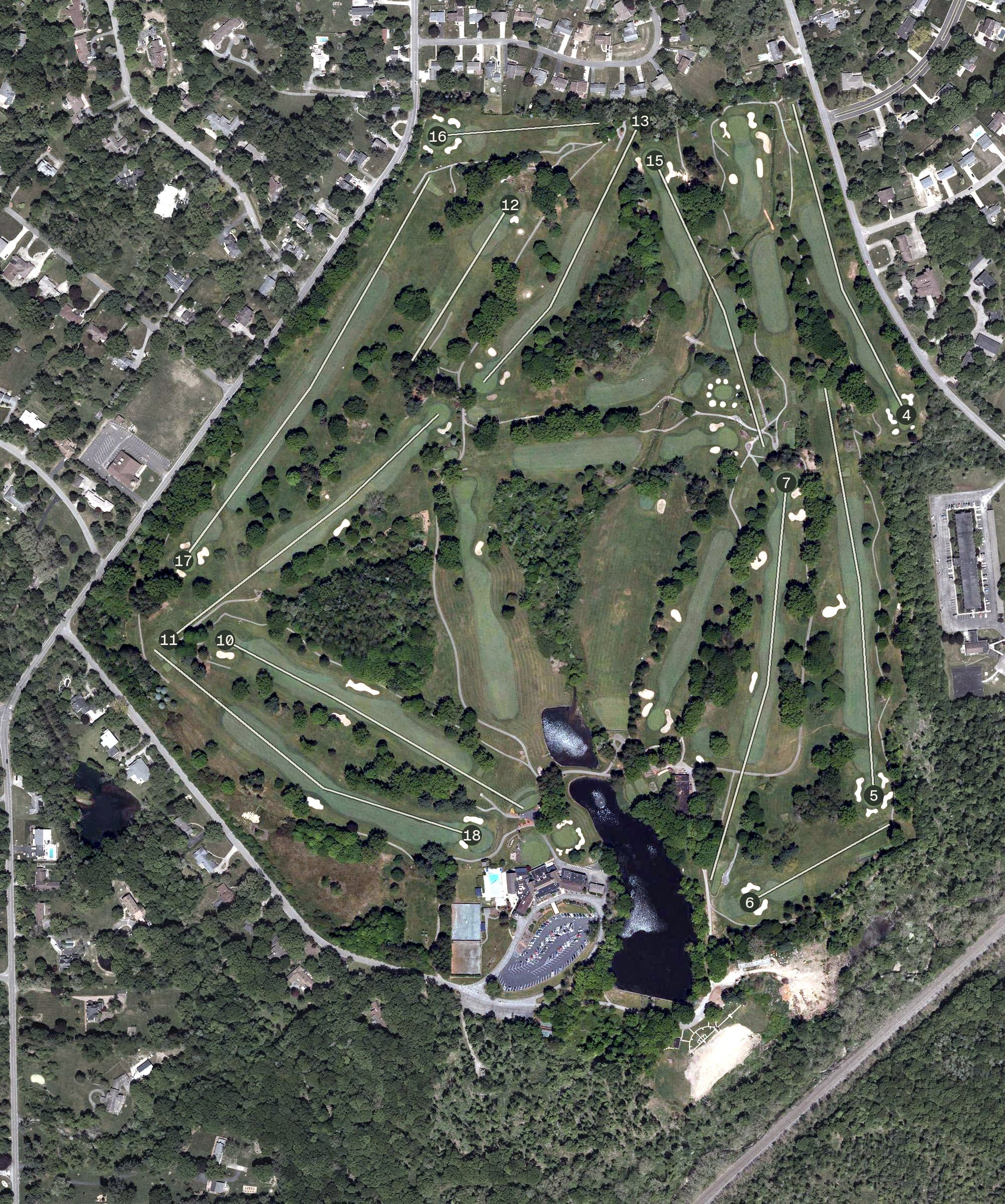 Aerial view of Youngstown Country Club, OH, with its hole routing marked