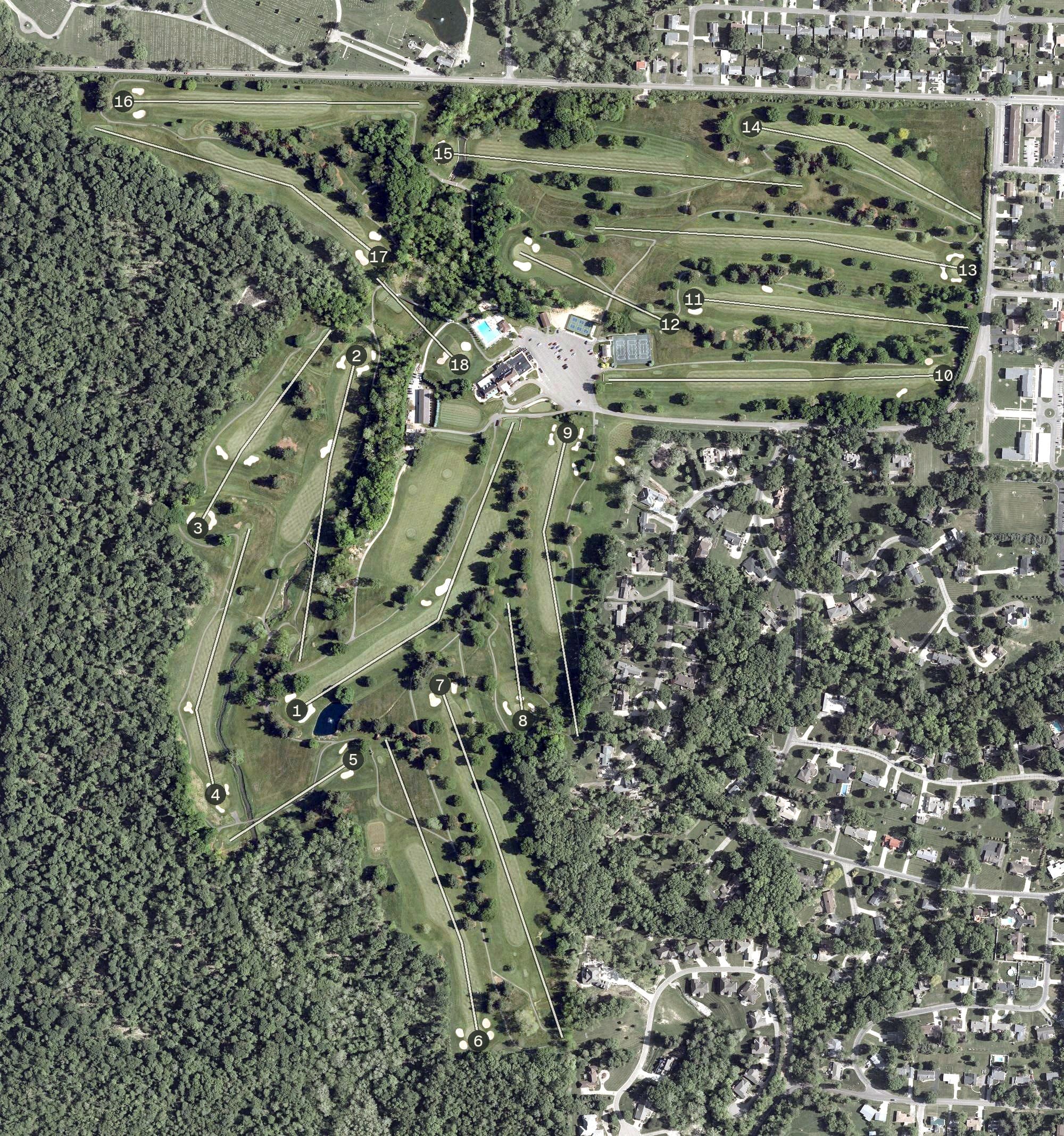 Aerial view of Zanesville Country Club, OH, with its hole routing marked