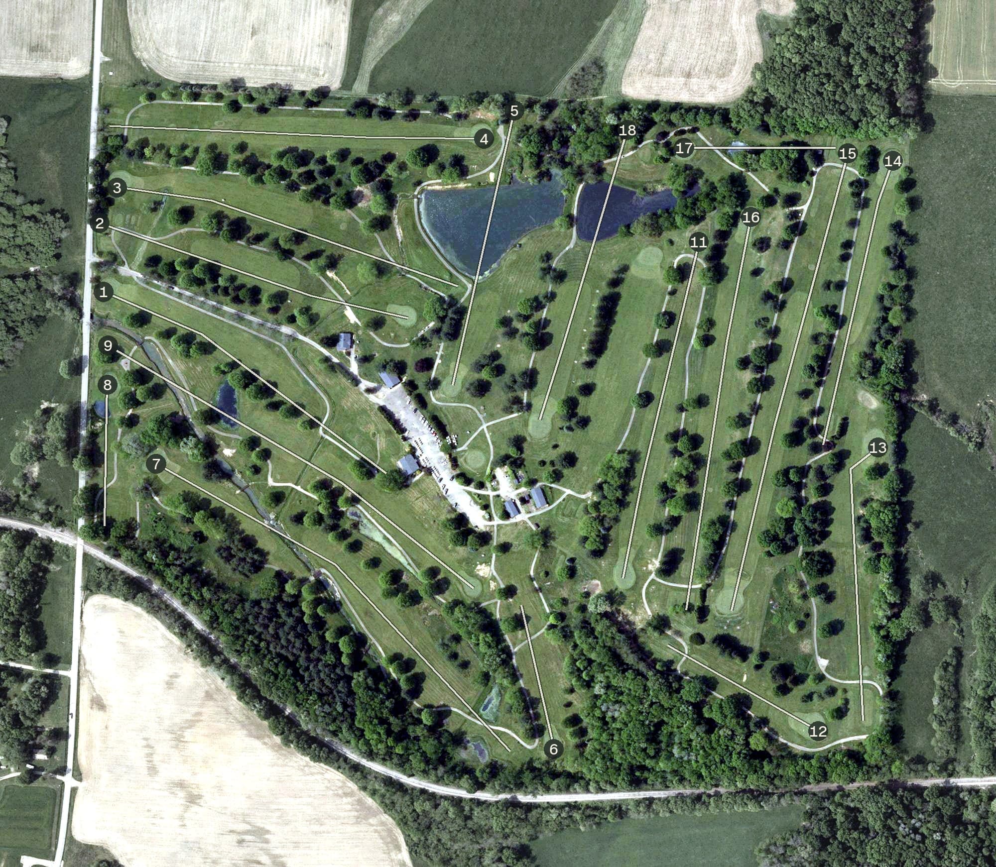 Aerial view of Zanesville Jaycees Public Golf Course, OH, with its hole routing marked