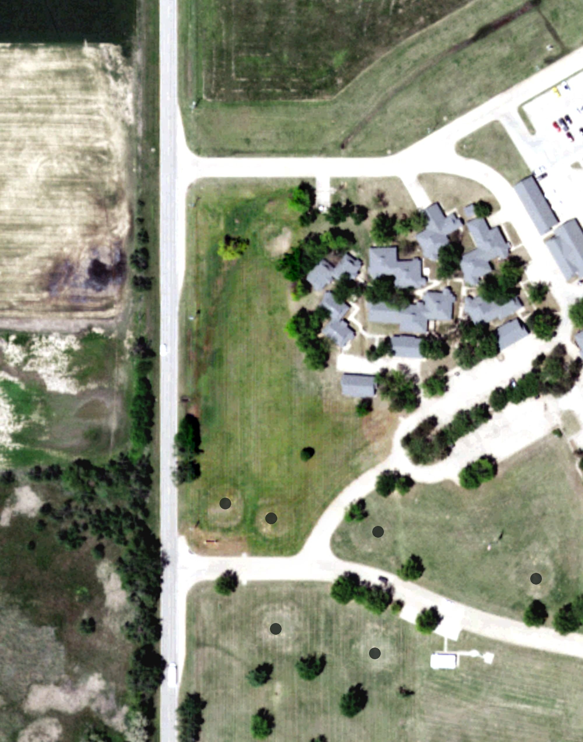 Aerial view of Baptist Village Golf Course, OK, with its hole routing marked