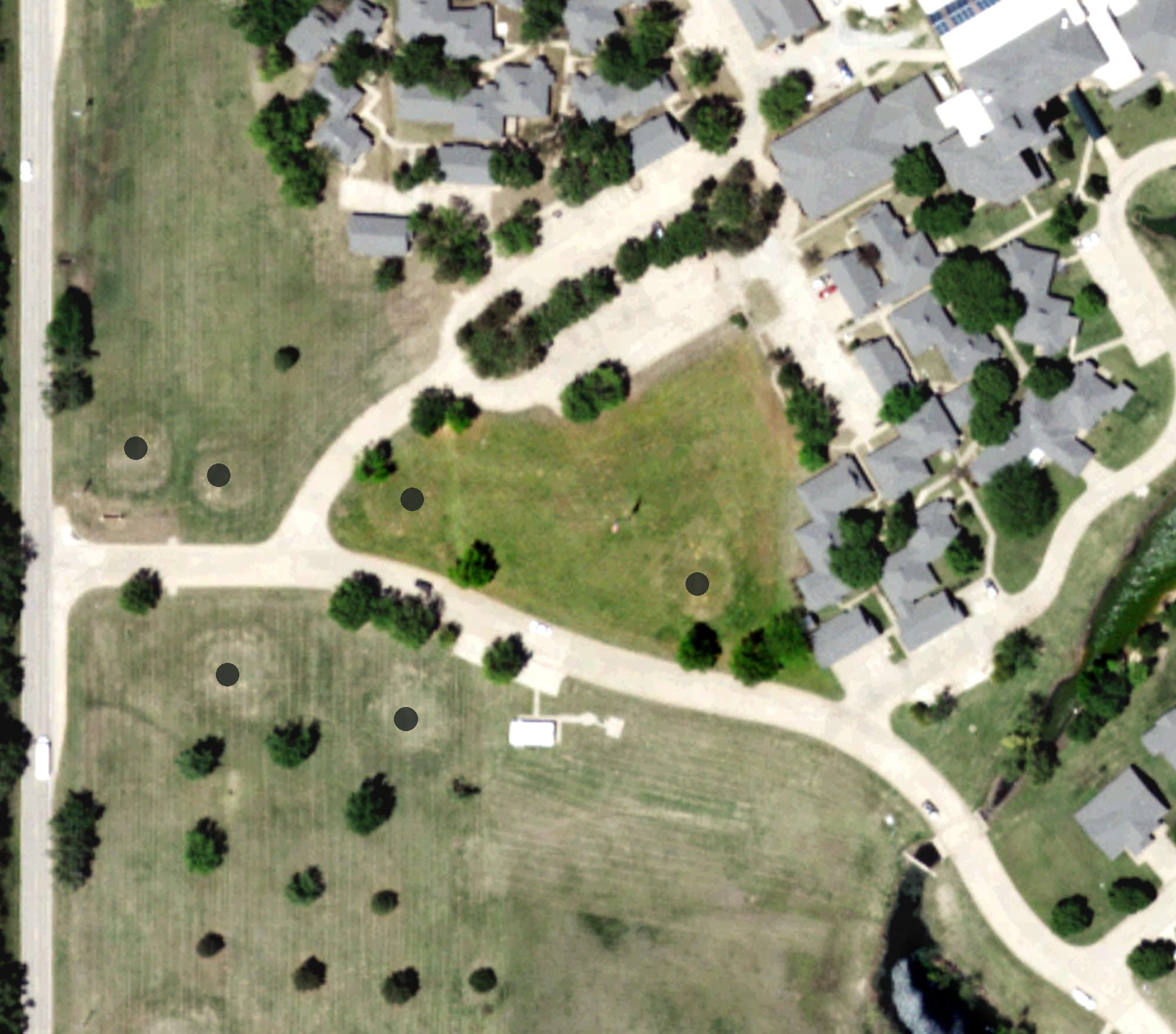 Aerial view of Baptist Village Golf Course, OK, with its hole routing marked