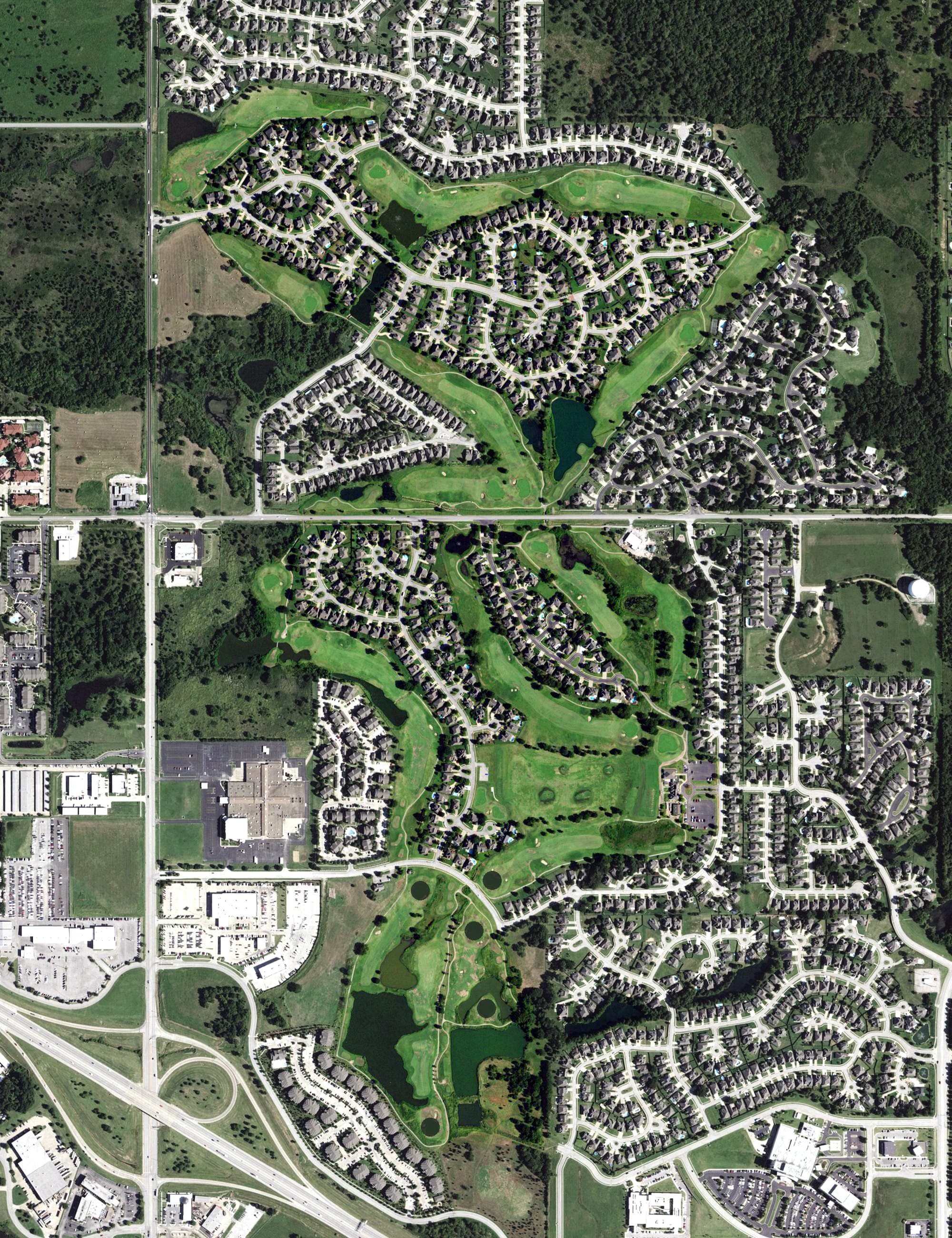 Aerial view of Battle Creek Golf Club, OK, with its hole routing marked