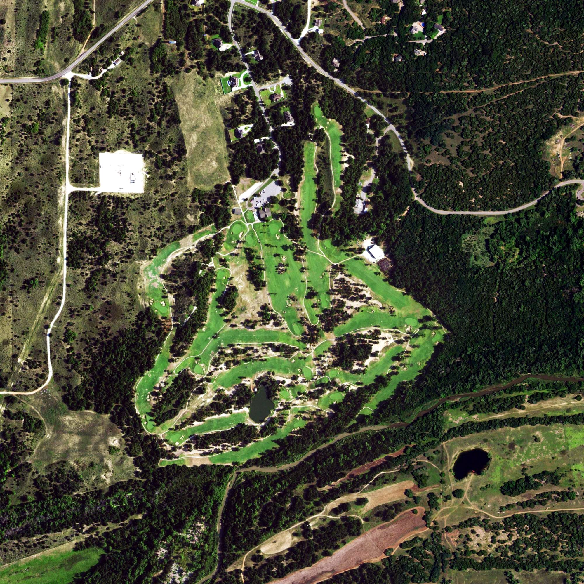 Aerial view of Boiling Springs Golf Club, OK, with its hole routing marked