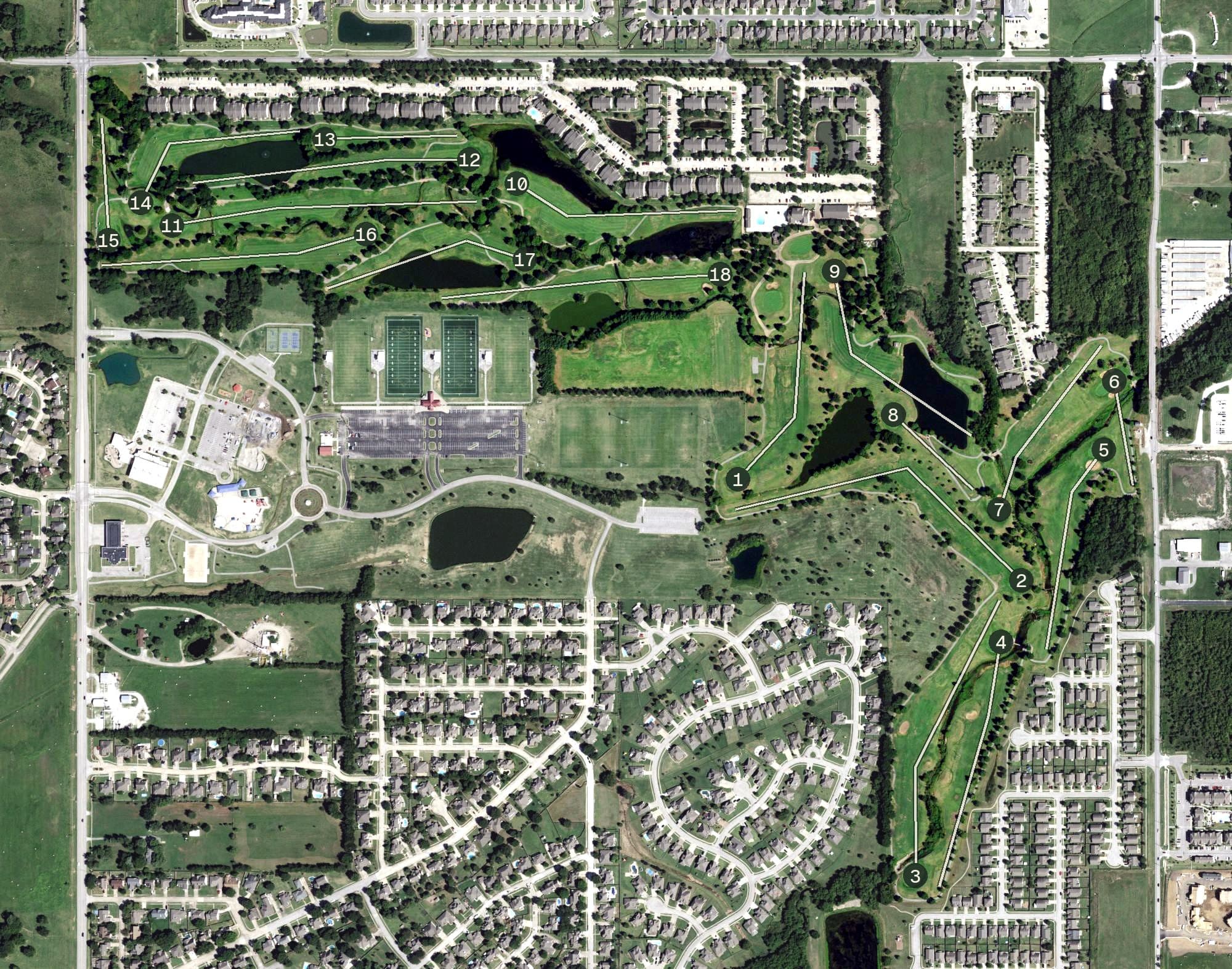 Aerial view of Broken Arrow Golf & Athletic Club, OK, with its hole routing marked
