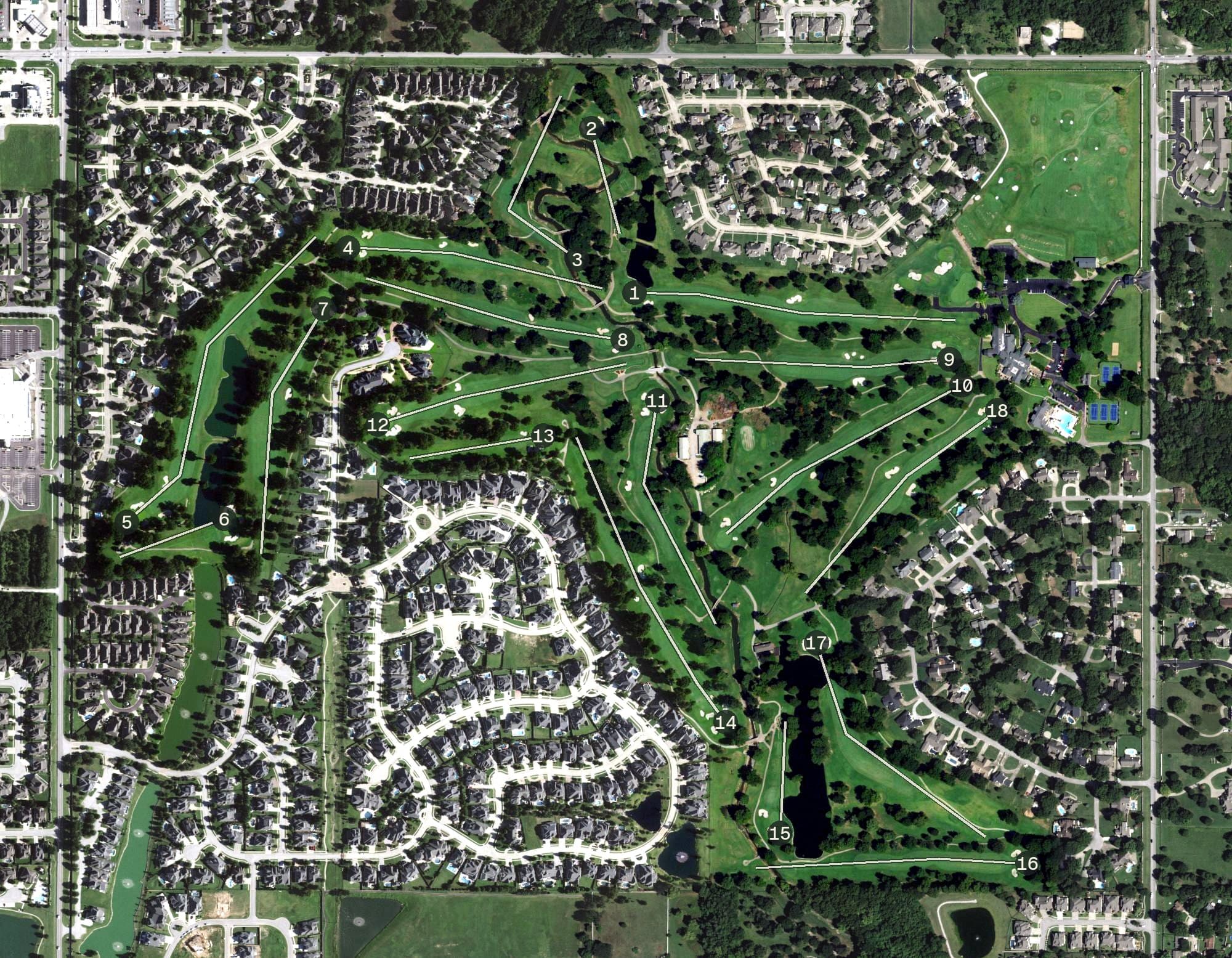 Aerial view of Cedar Ridge Country Club, OK, with its hole routing marked