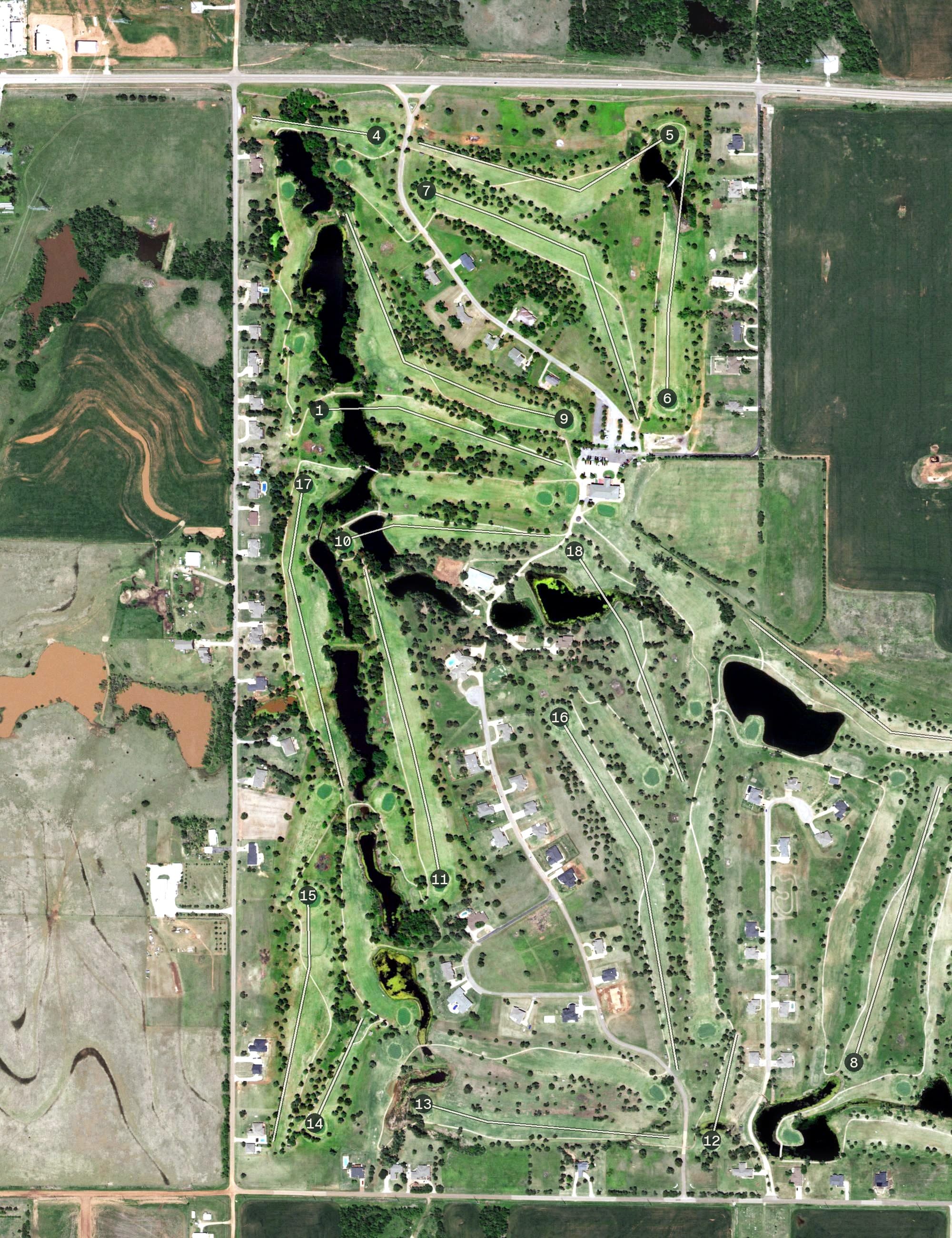 Aerial view of Cedar Valley Augusta Golf Course, OK, with its hole routing marked