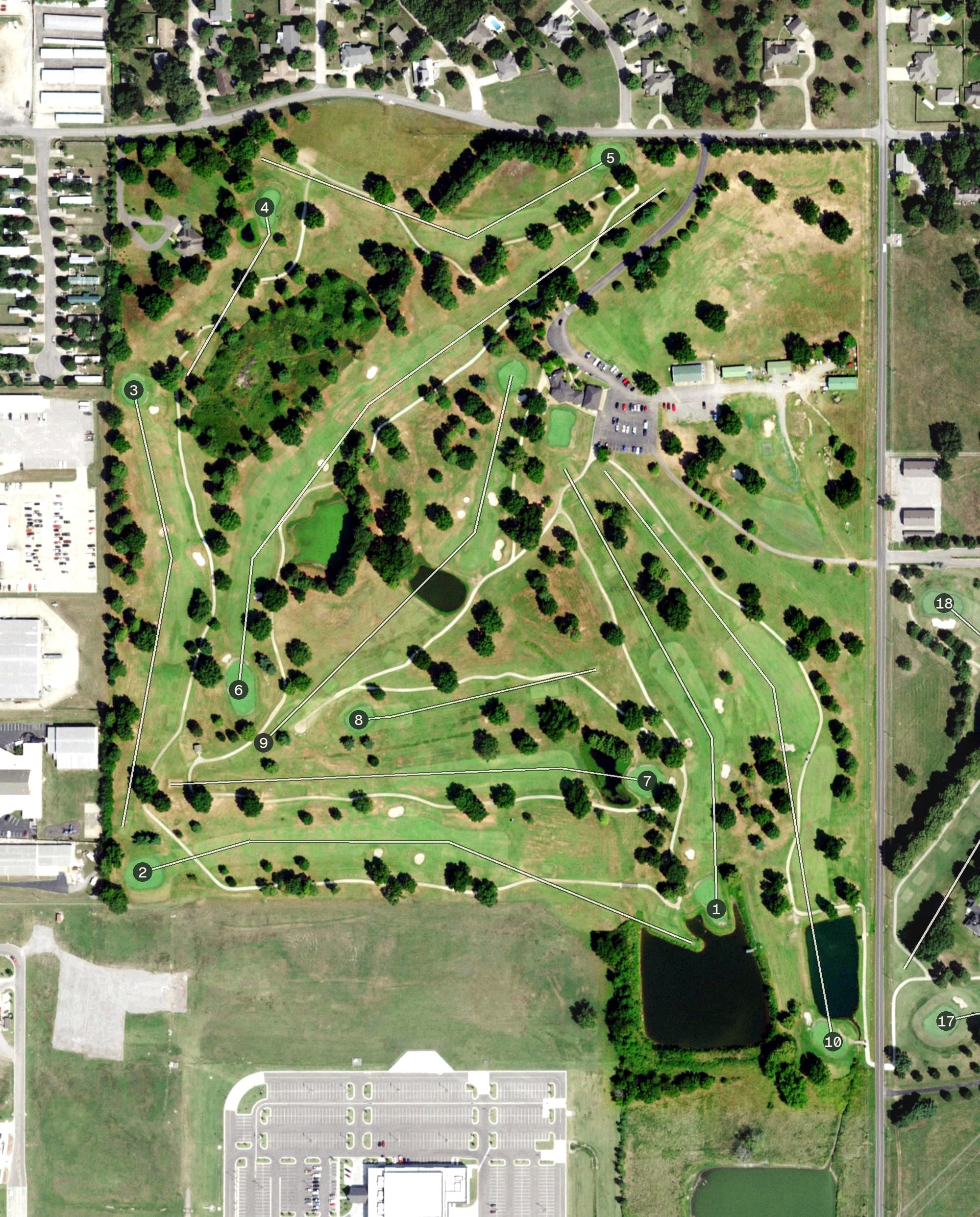 Aerial view of Cherokee Springs Golf Club, OK, with its hole routing marked