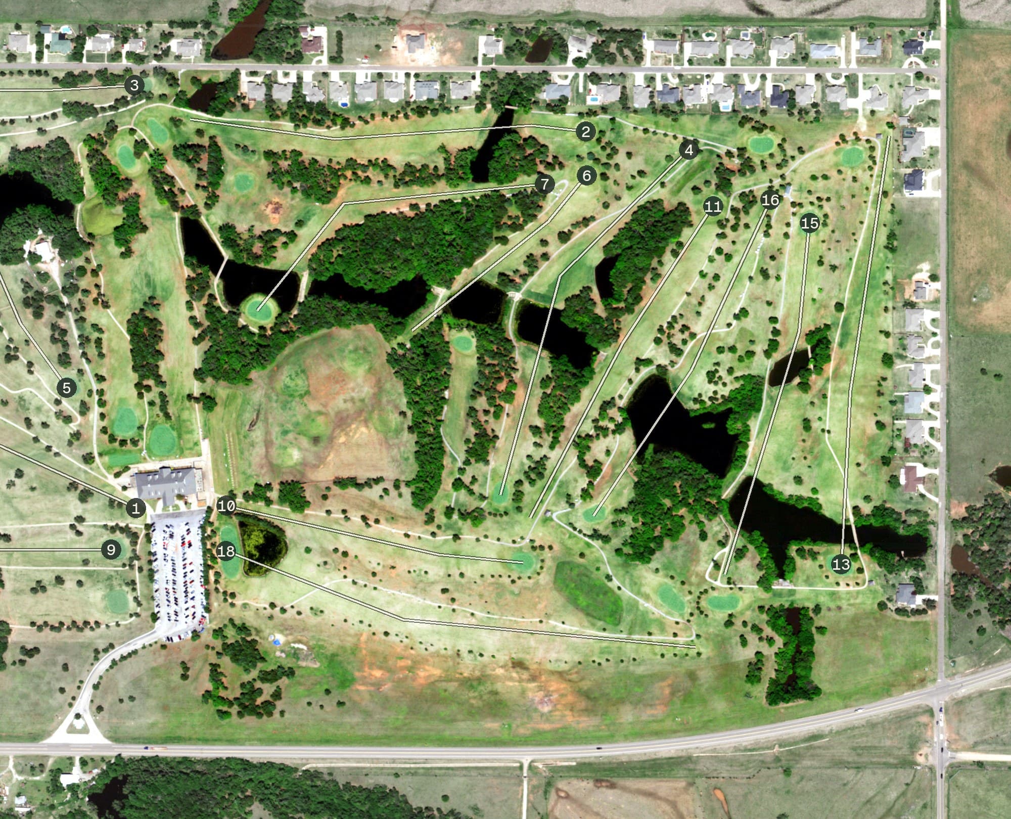 Aerial view of Cimarron National Golf Club Course, OK, with its hole routing marked
