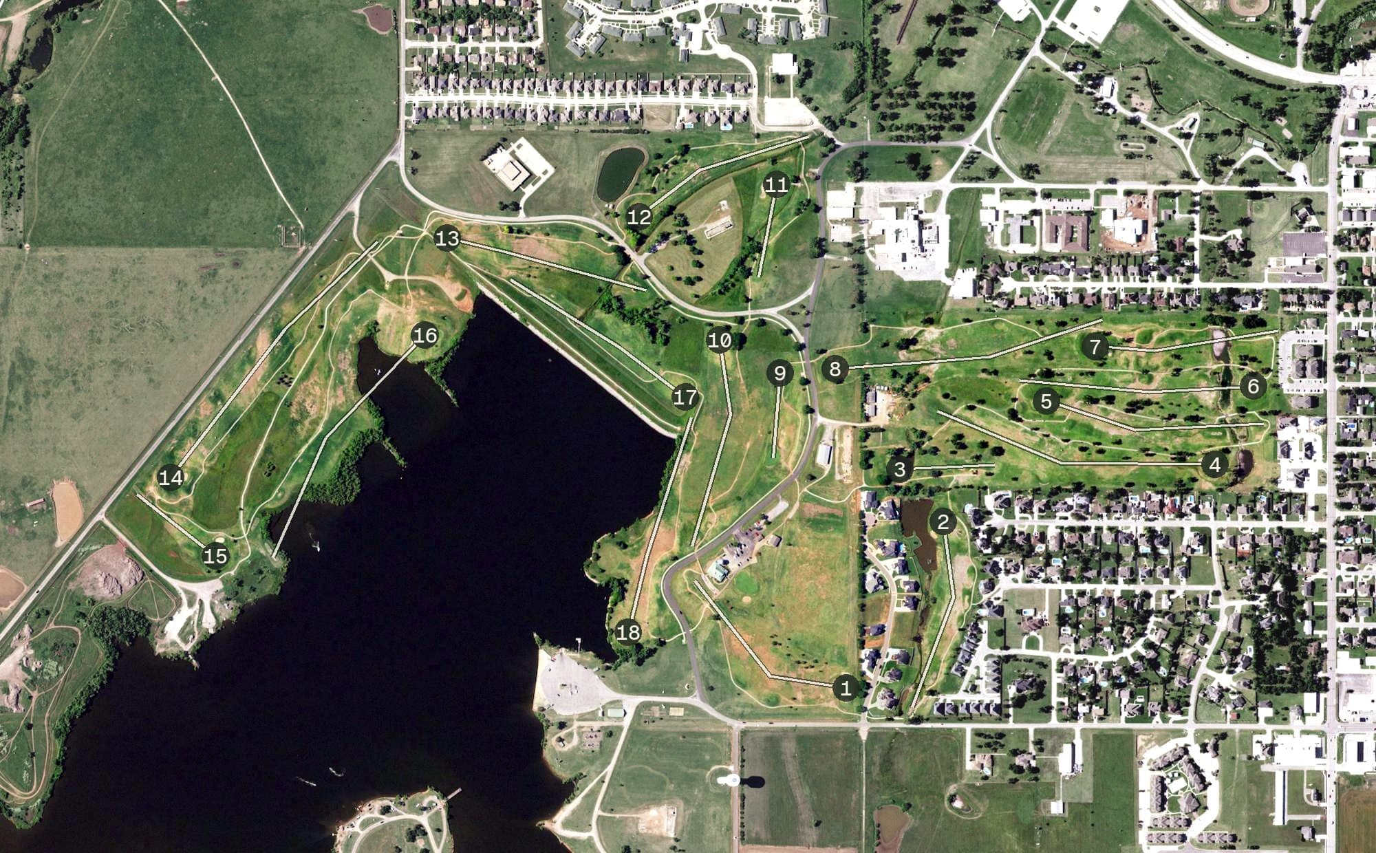 Aerial view of Crimson Creek Golf Course, OK, with its hole routing marked