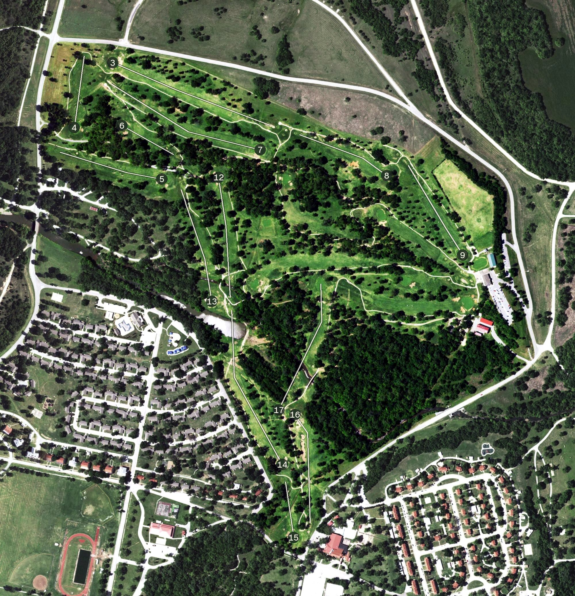 Aerial view of Fort Sill Golf Course, OK, with its hole routing marked