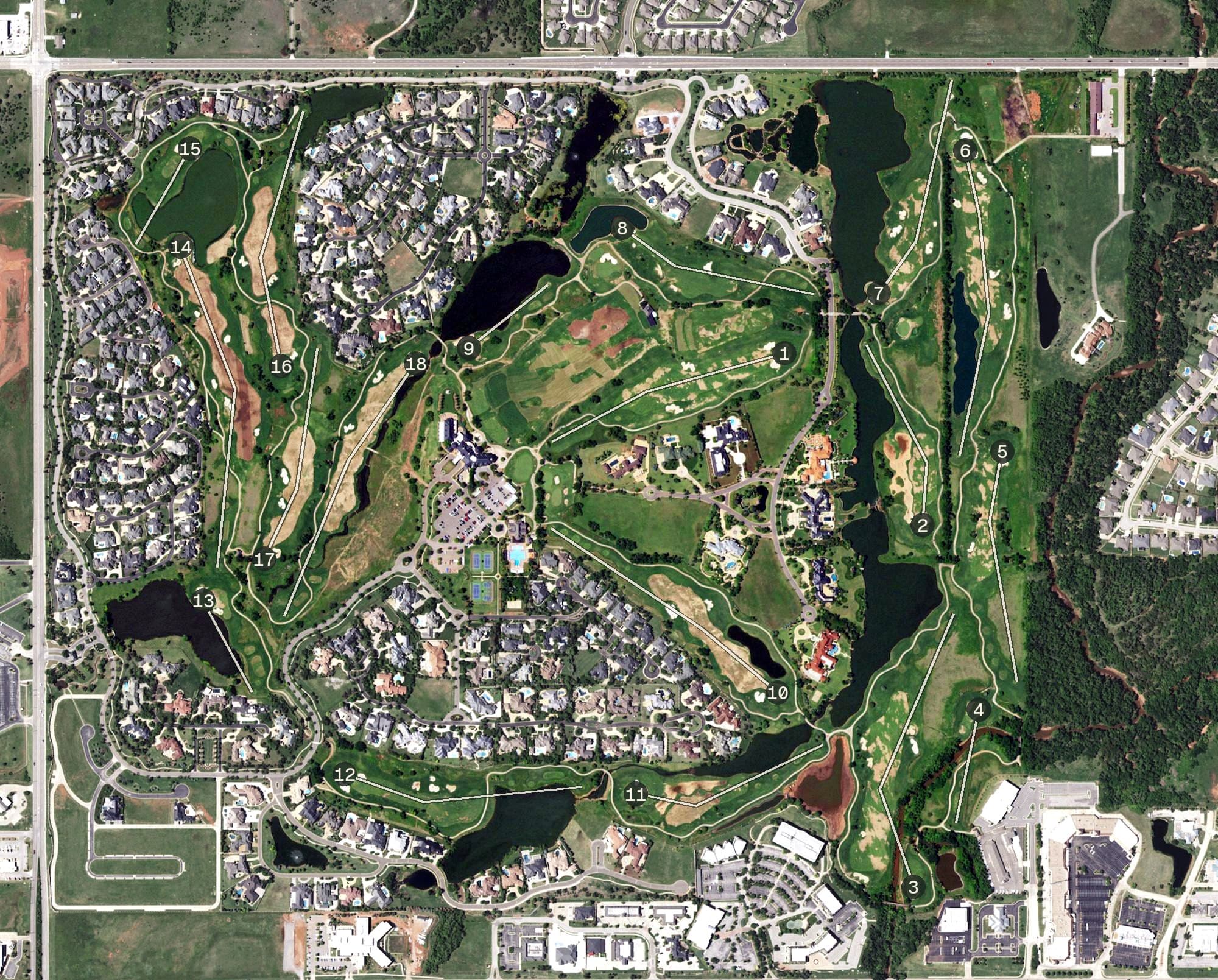 Aerial view of Gaillardia Golf Course, OK, with its hole routing marked