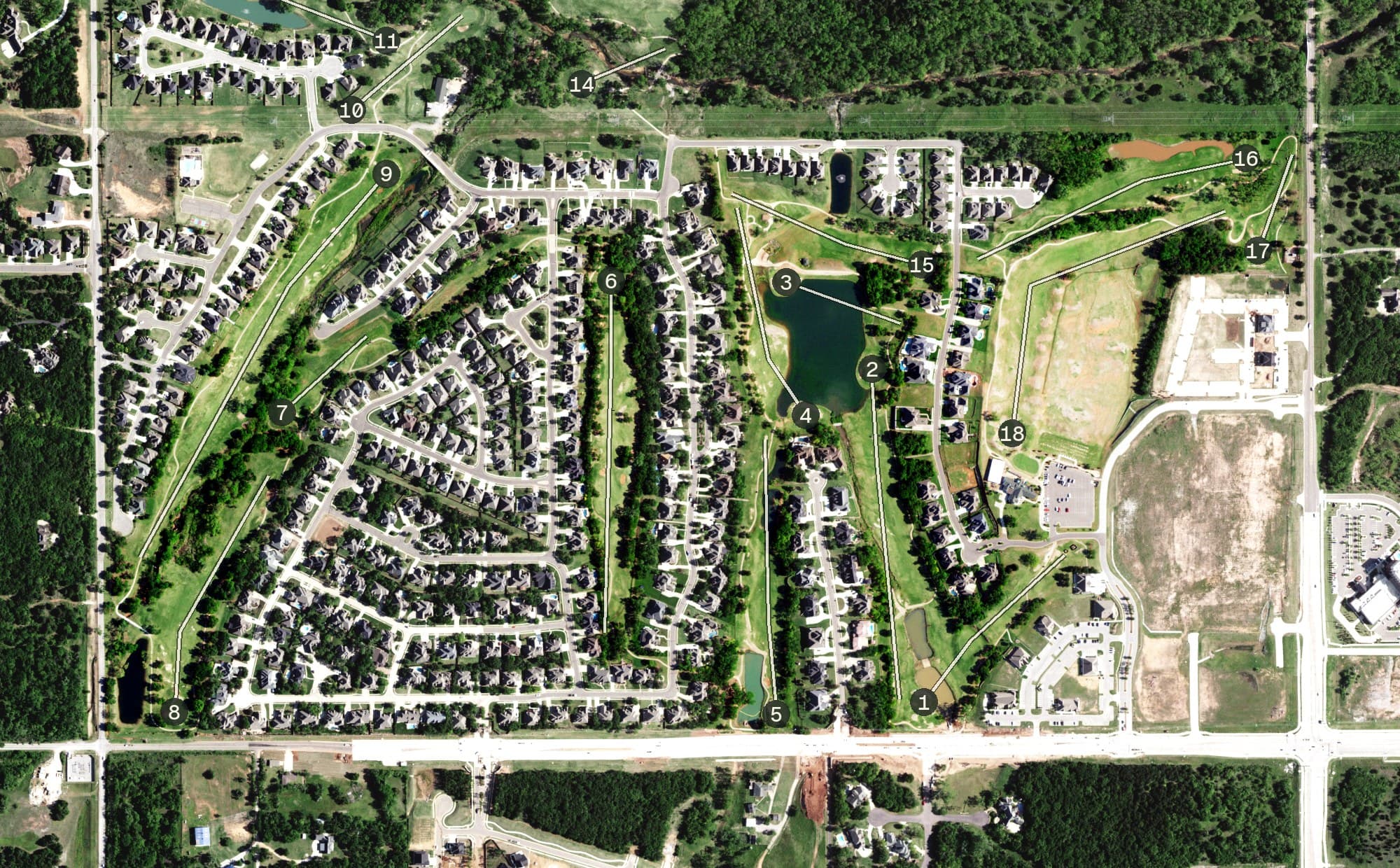 Aerial view of GC of Edmond, OK, with its hole routing marked