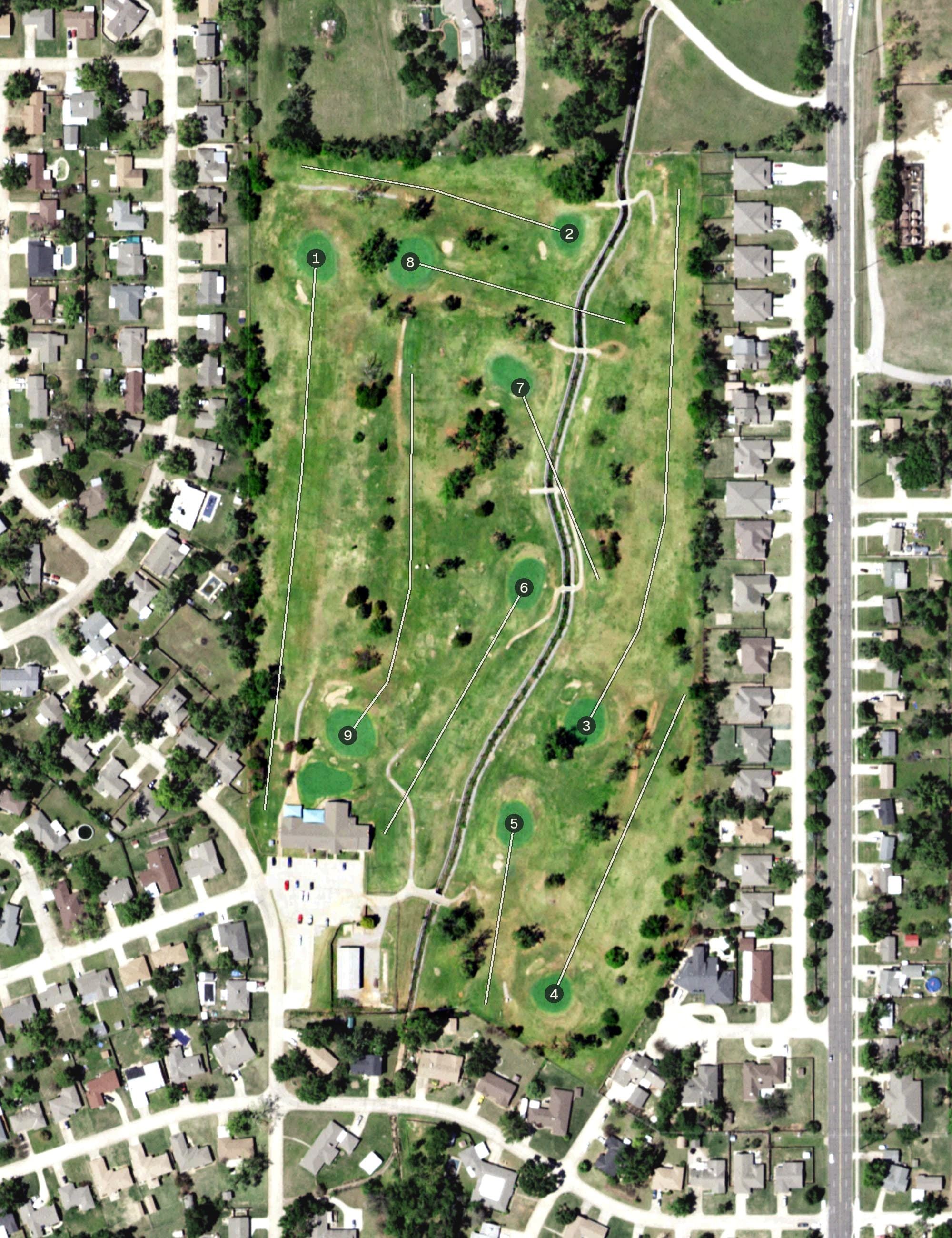 Aerial view of Hidden Creek Family Golf Course, OK, with its hole routing marked