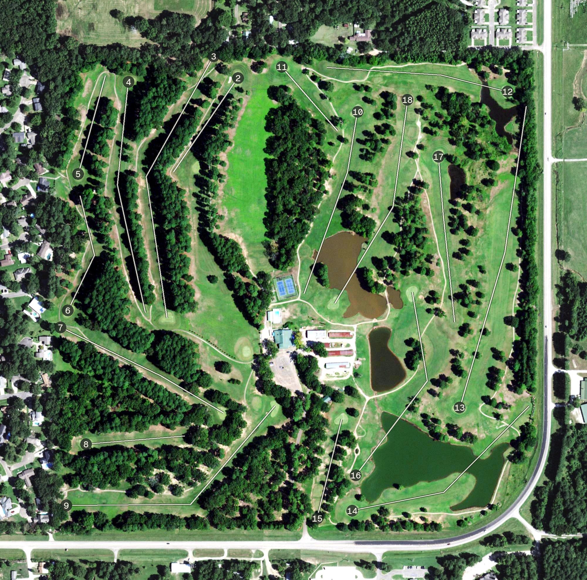 Aerial view of Idabel Country Club, OK, with its hole routing marked