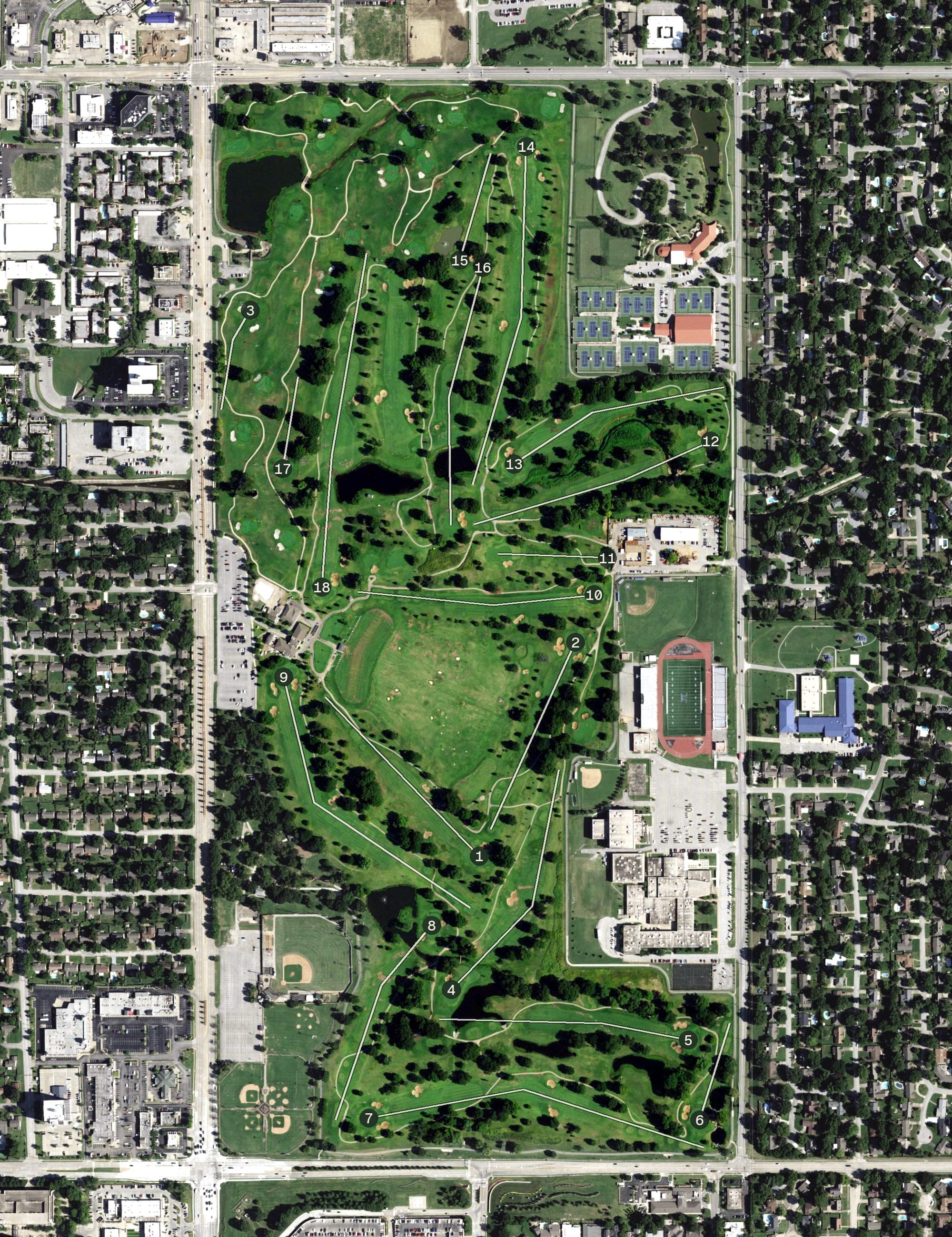 Aerial view of LaFortune Park Golf Course, OK, with its hole routing marked