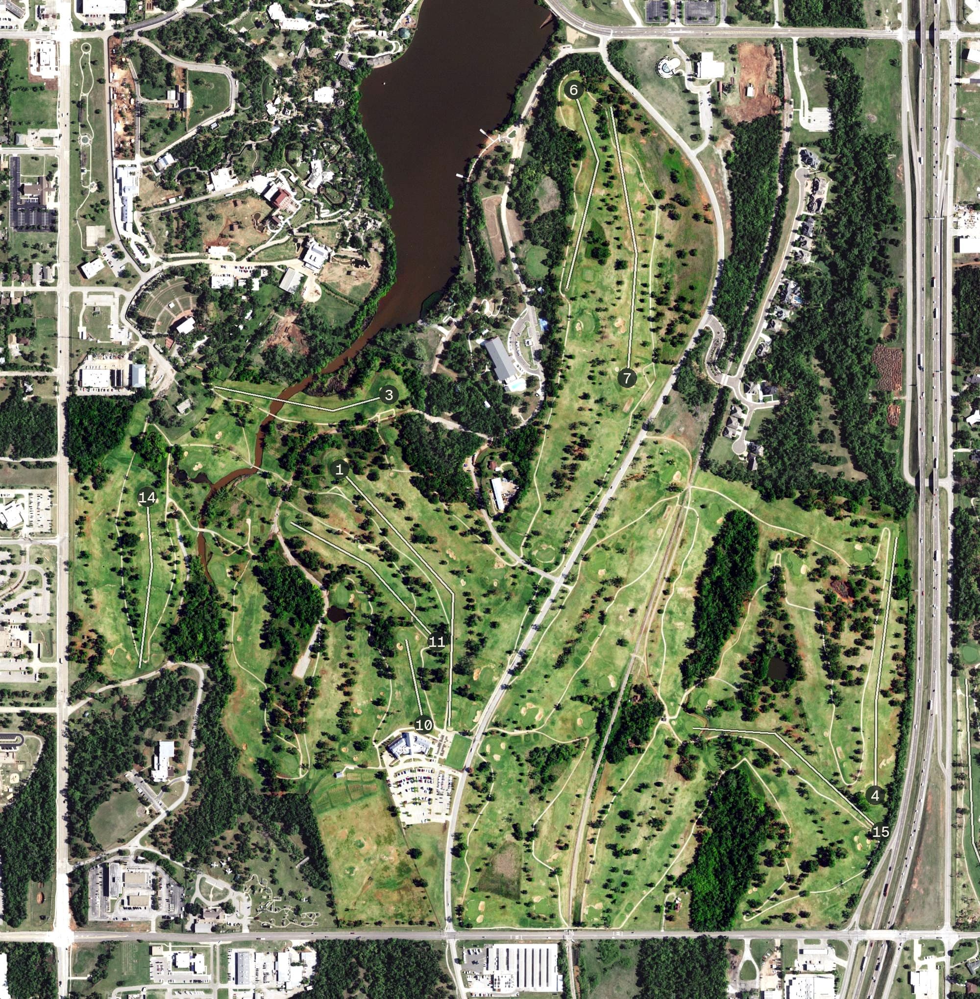 Aerial view of Lincoln Park Golf Course, OK, with its hole routing marked