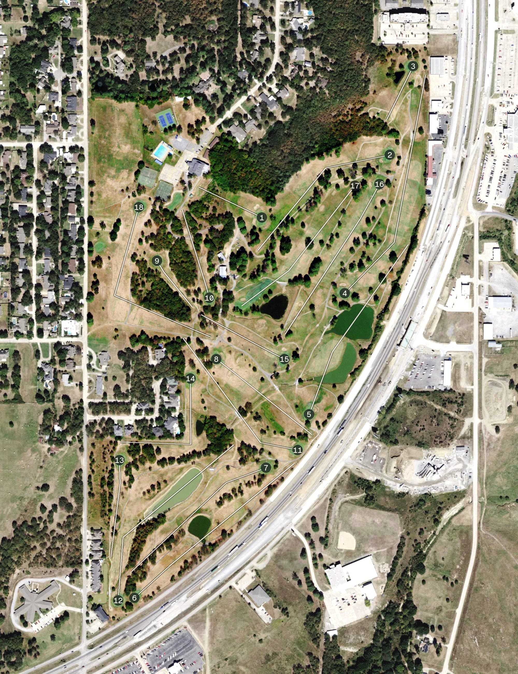 Aerial view of McAlester Country Club, OK, with its hole routing marked